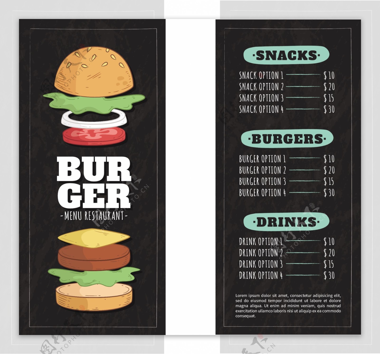 美味的汉堡插图黑色的餐厅菜单
