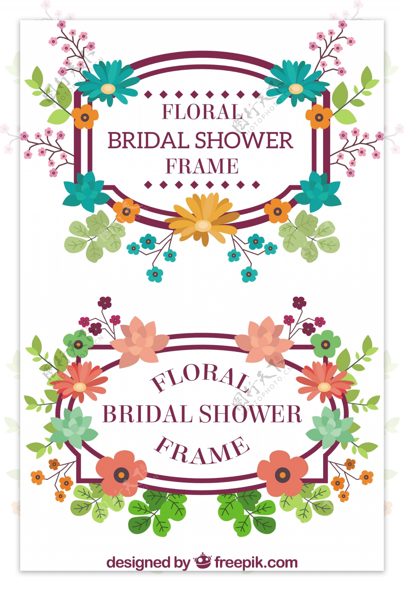手绘彩色的花朵美妙的婚礼边框花边矢量素材
