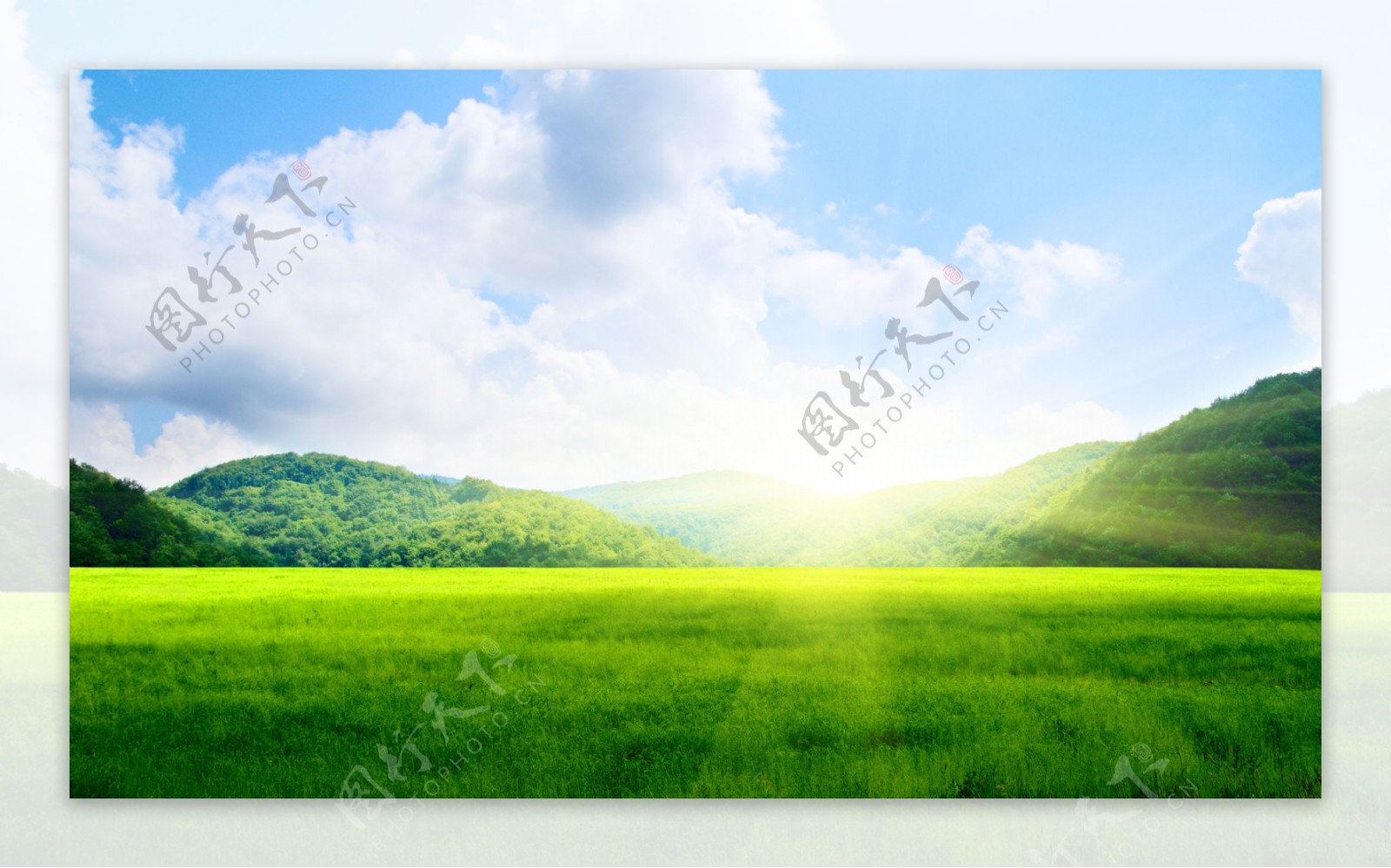 阳光照耀的下草地和高山图片