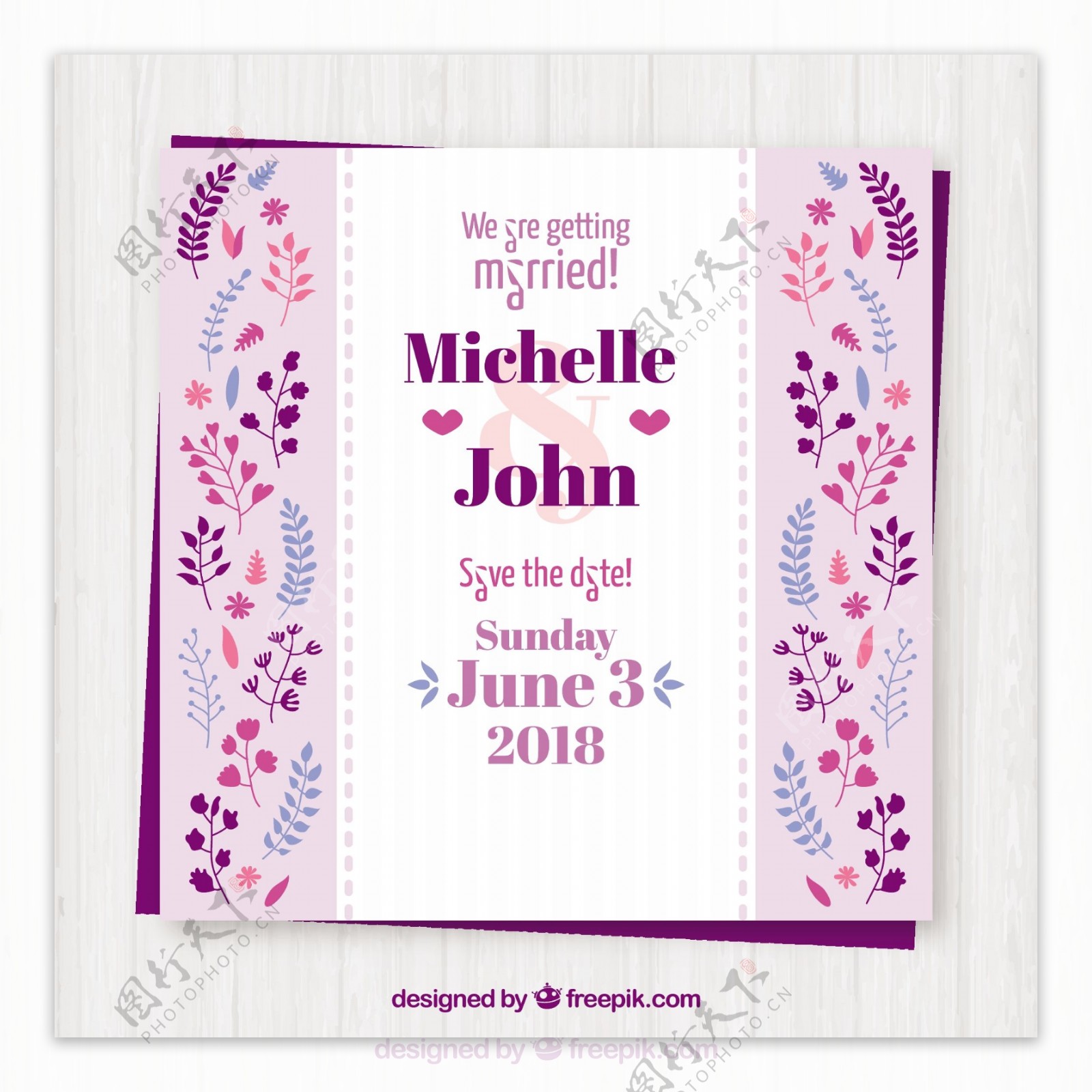 紫色装饰花边婚礼邀请模板