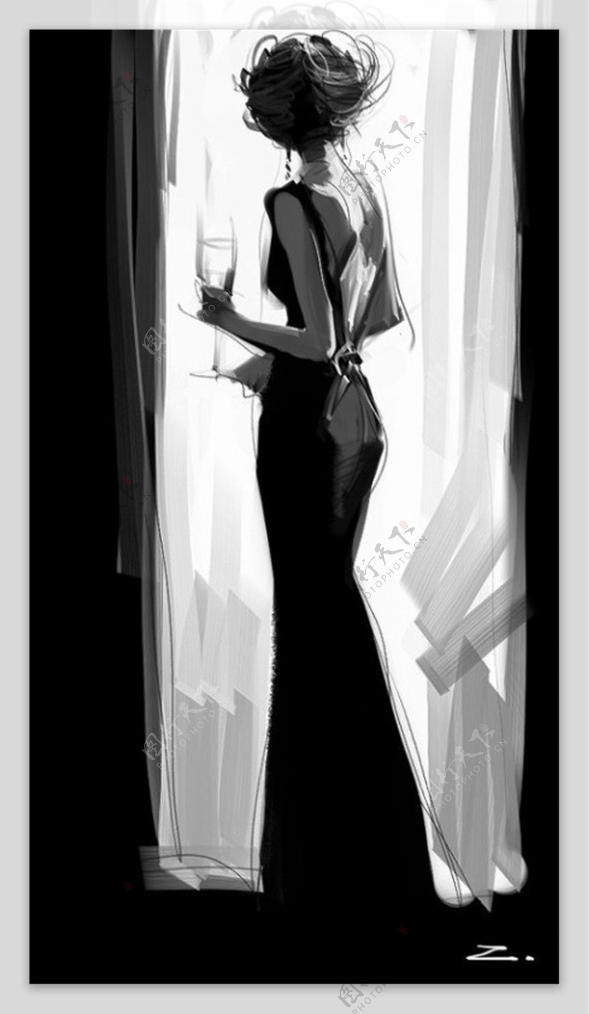 黑色露背长裙礼服设计图