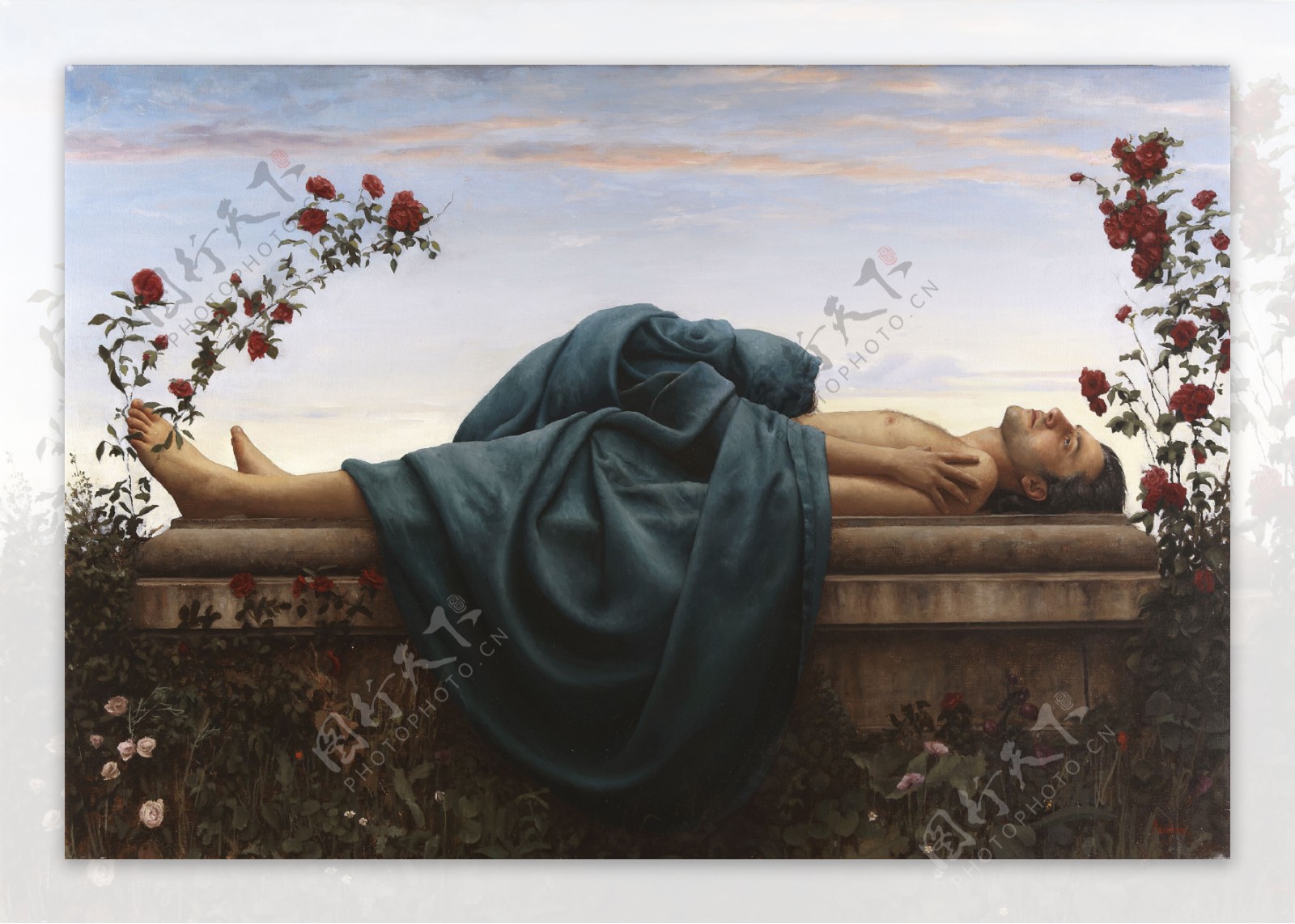 玫瑰花与男性尸体油画图片