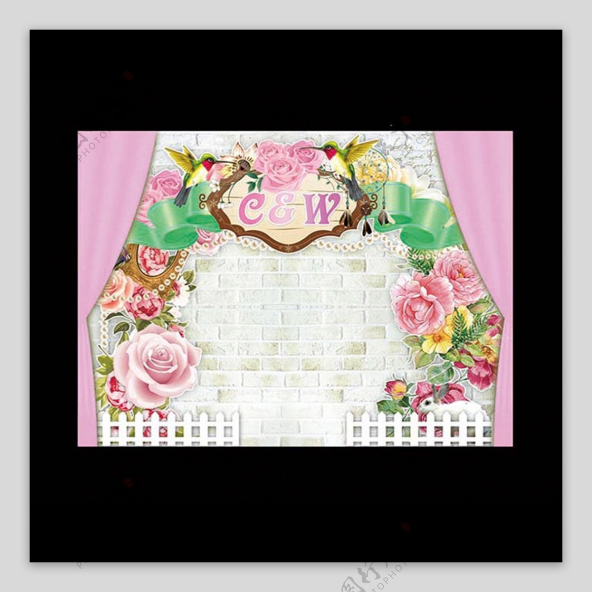 拱门粉色花栅栏砖墙婚礼背景