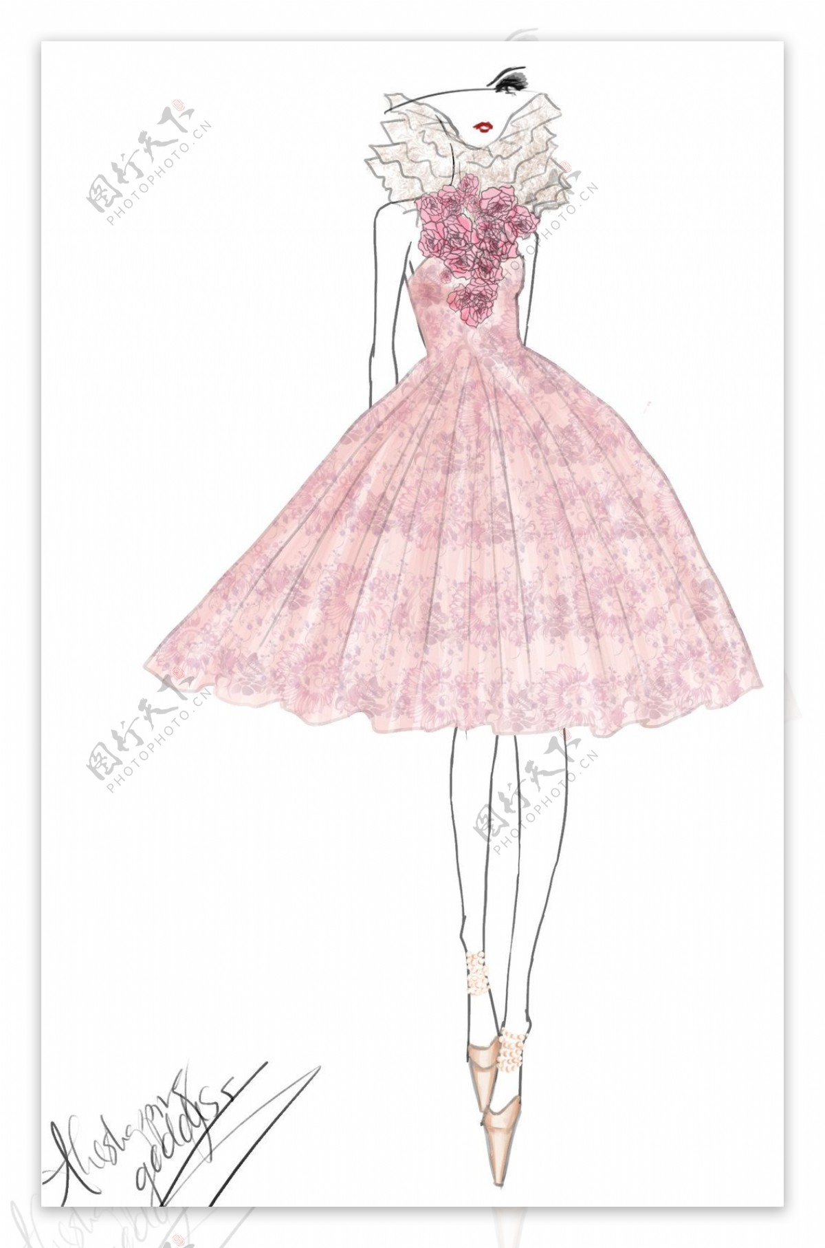粉色花朵蓬蓬裙设计图