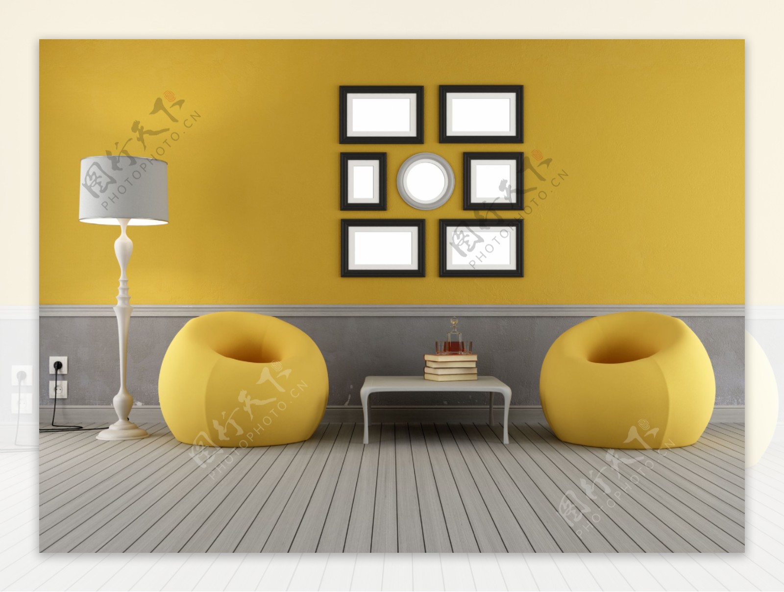 茶几与黄色个性沙发图片