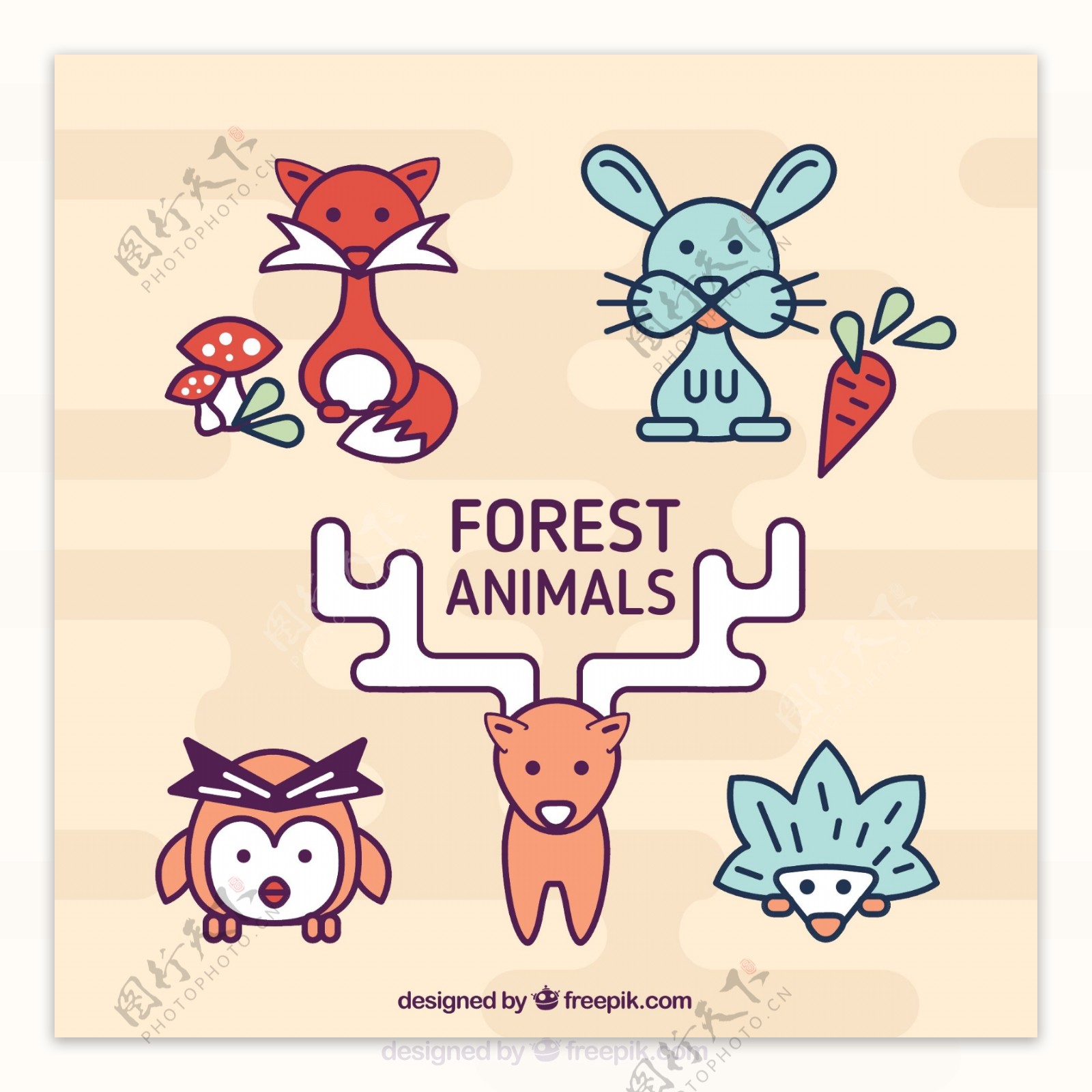 5款简笔画卡通森林动物设计矢量素材
