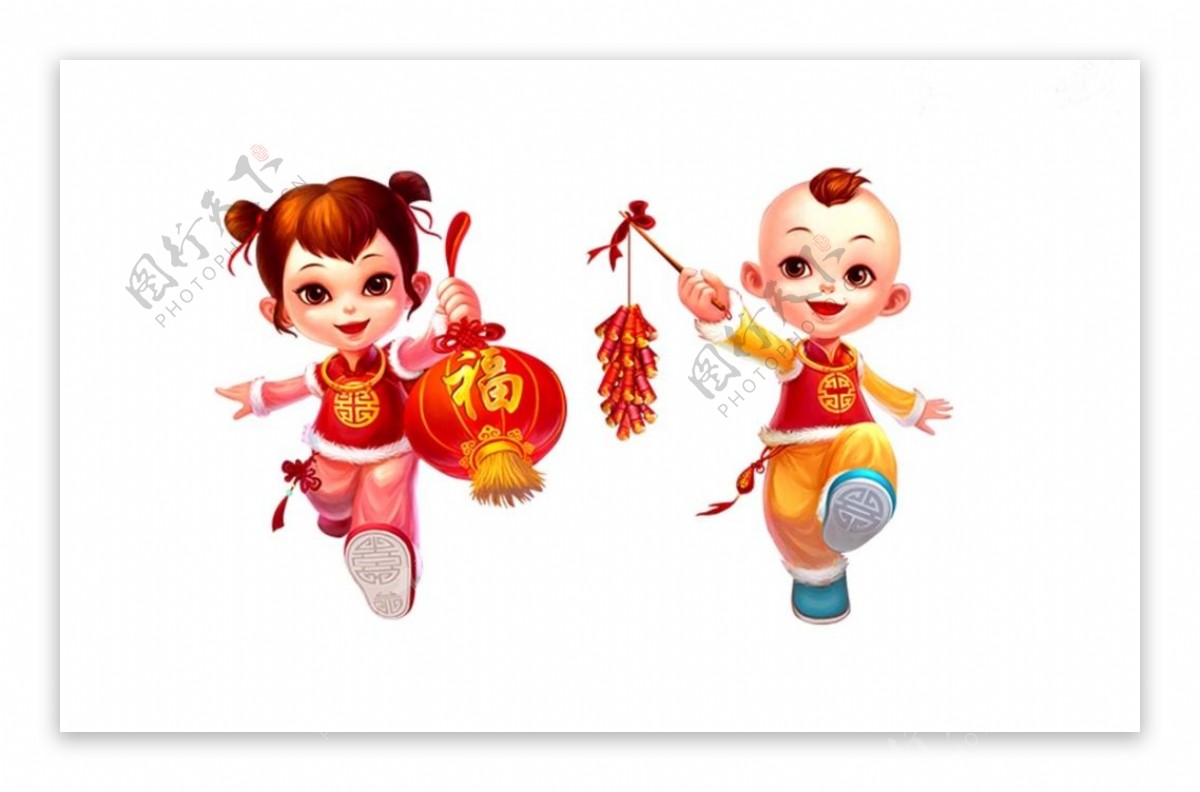 男女娃娃打灯笼提鞭炮中国喜庆过年福字