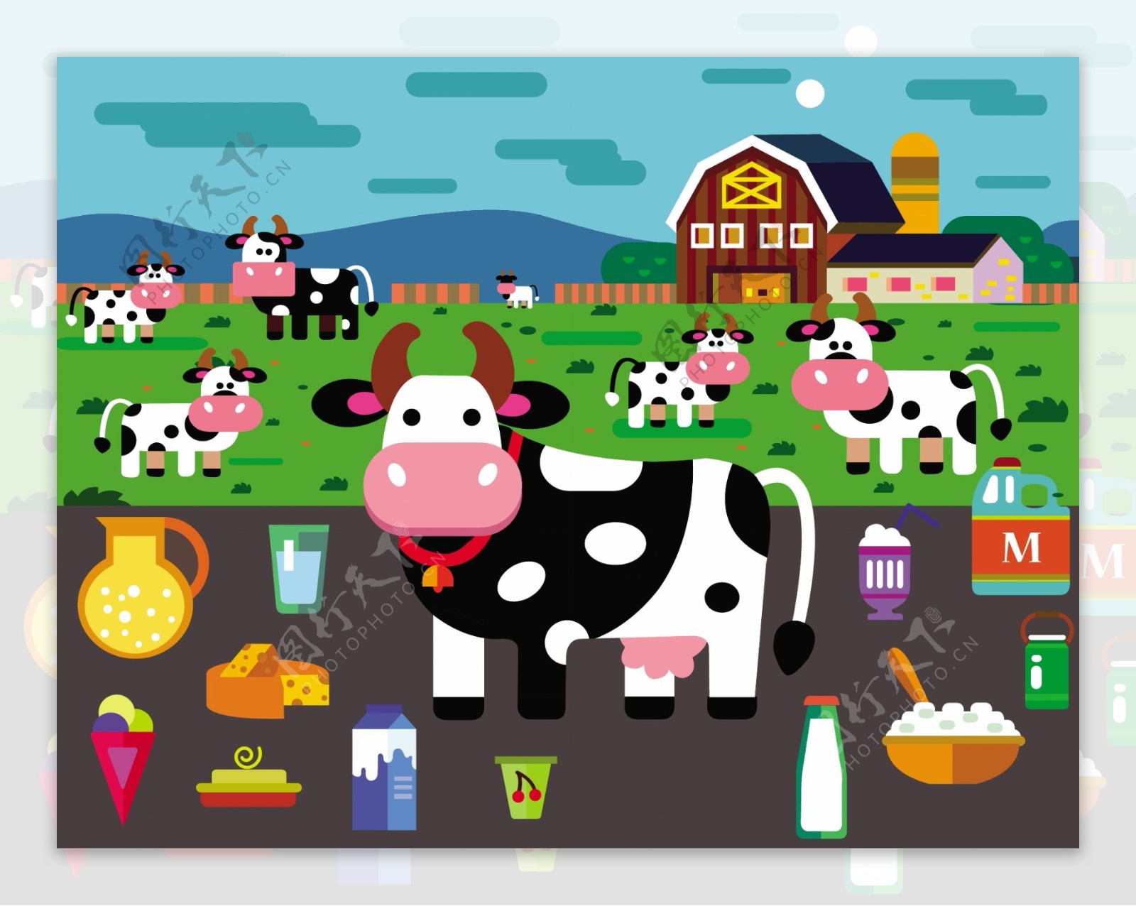 乳制品图标说明与牛在农场自由向量