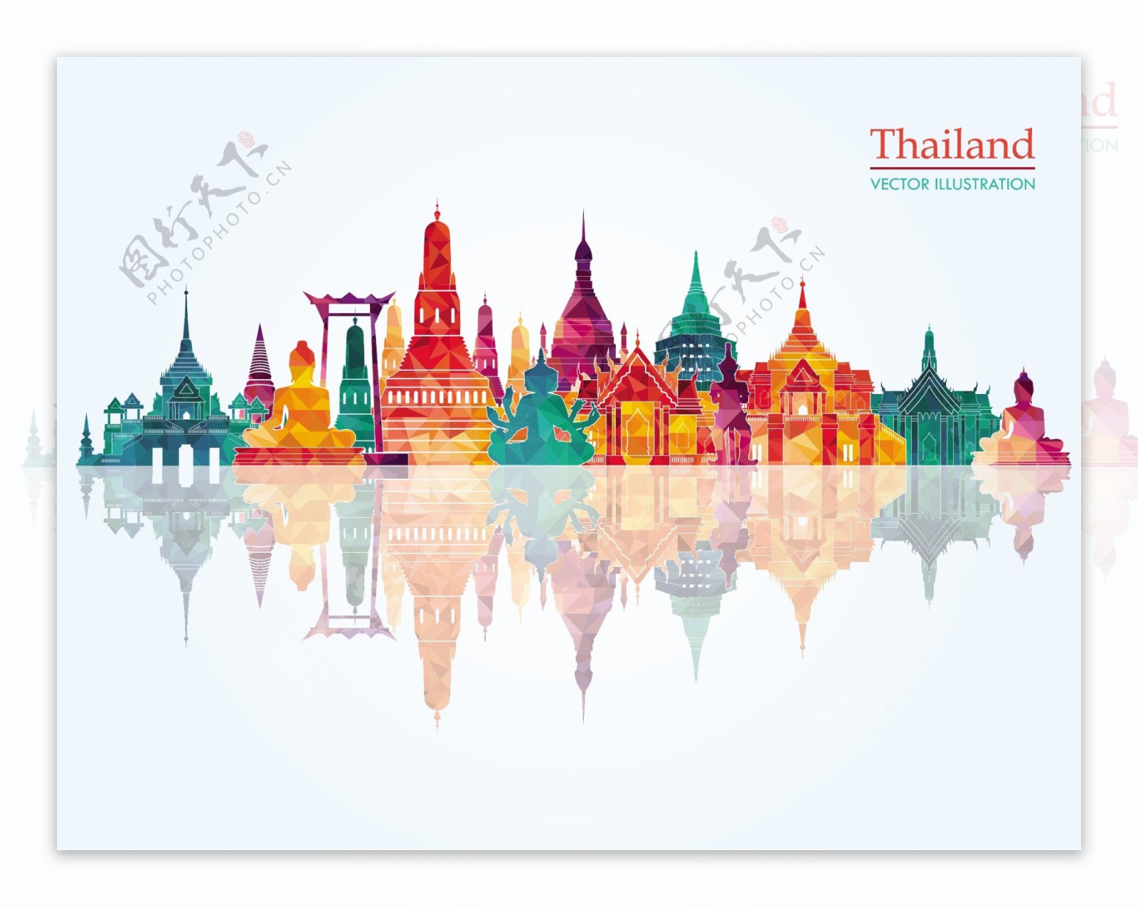 水彩倒影泰国旅游景点元素矢量素材