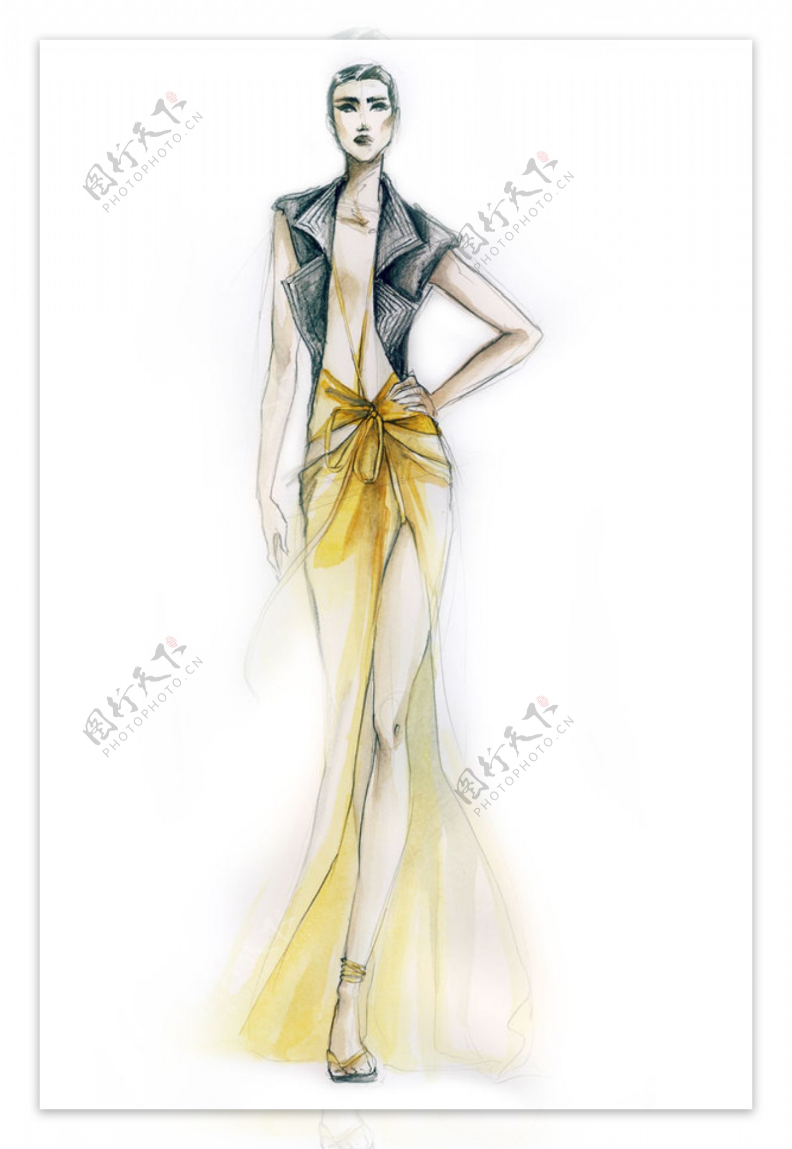 黄色开叉纱裙设计图