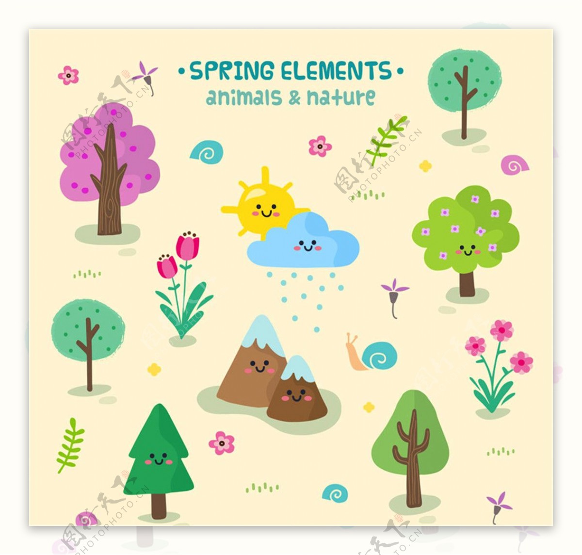 可爱春季树木和蜗牛自然元素矢量素材