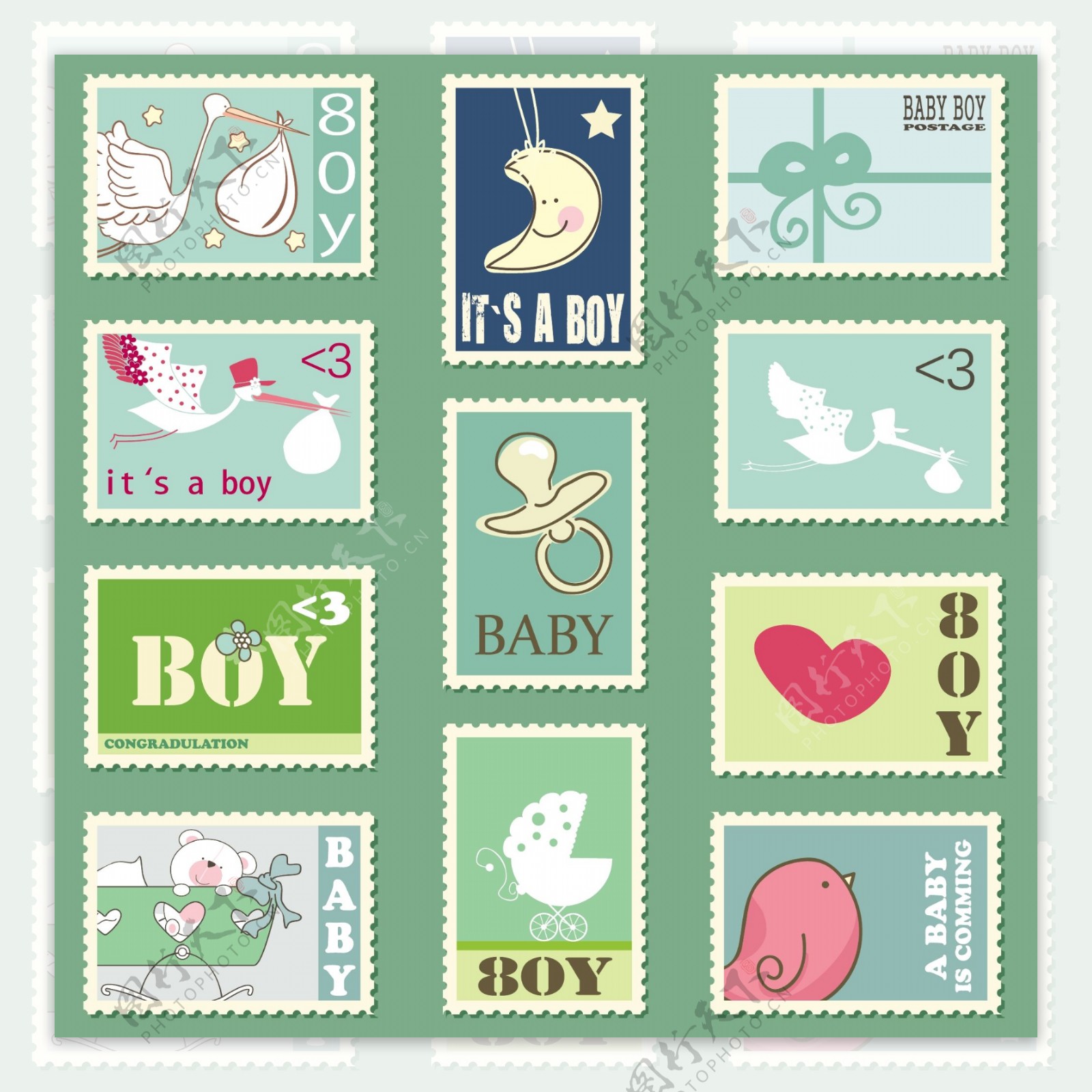 卡通母婴邮票矢量素材图片