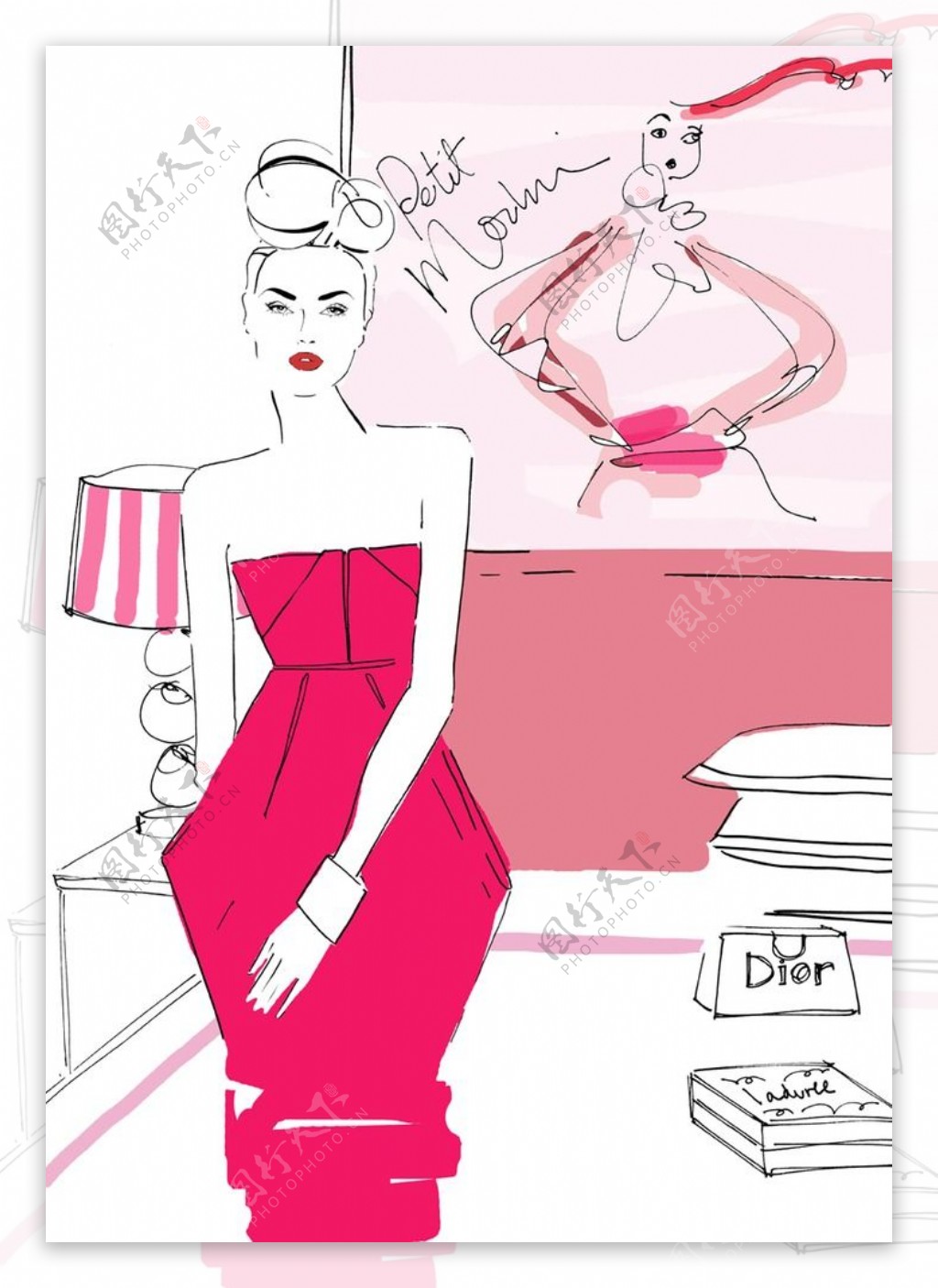 玫红色抹胸裙设计图