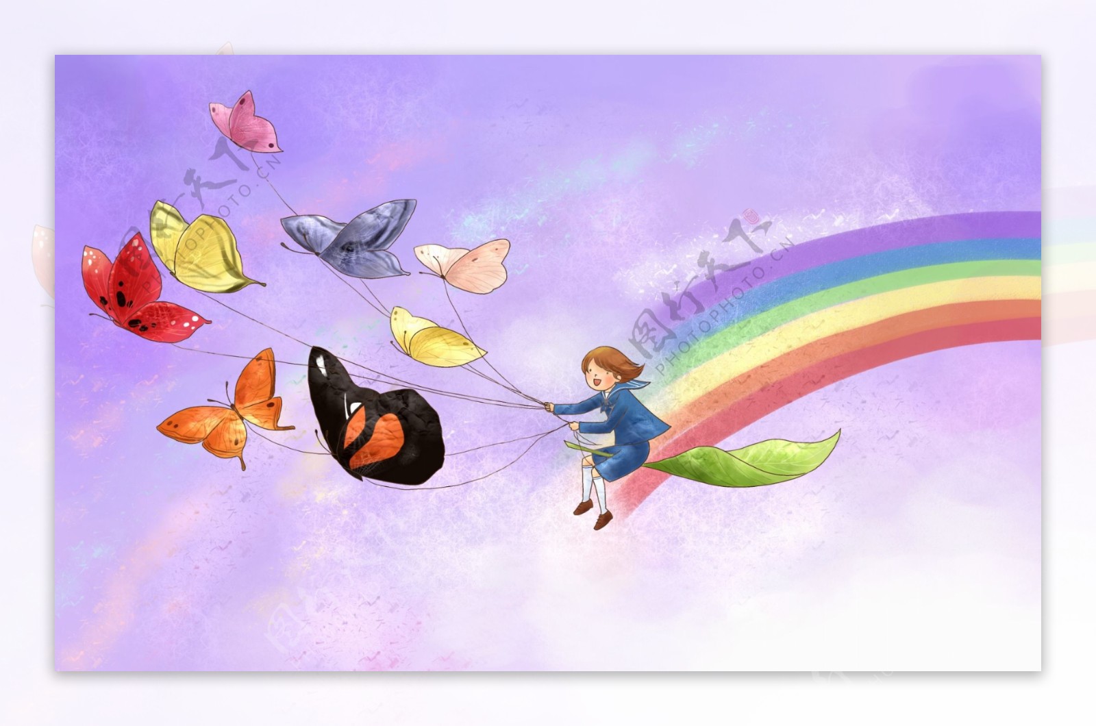儿童画坐在彩虹上放风PSD非精细分层