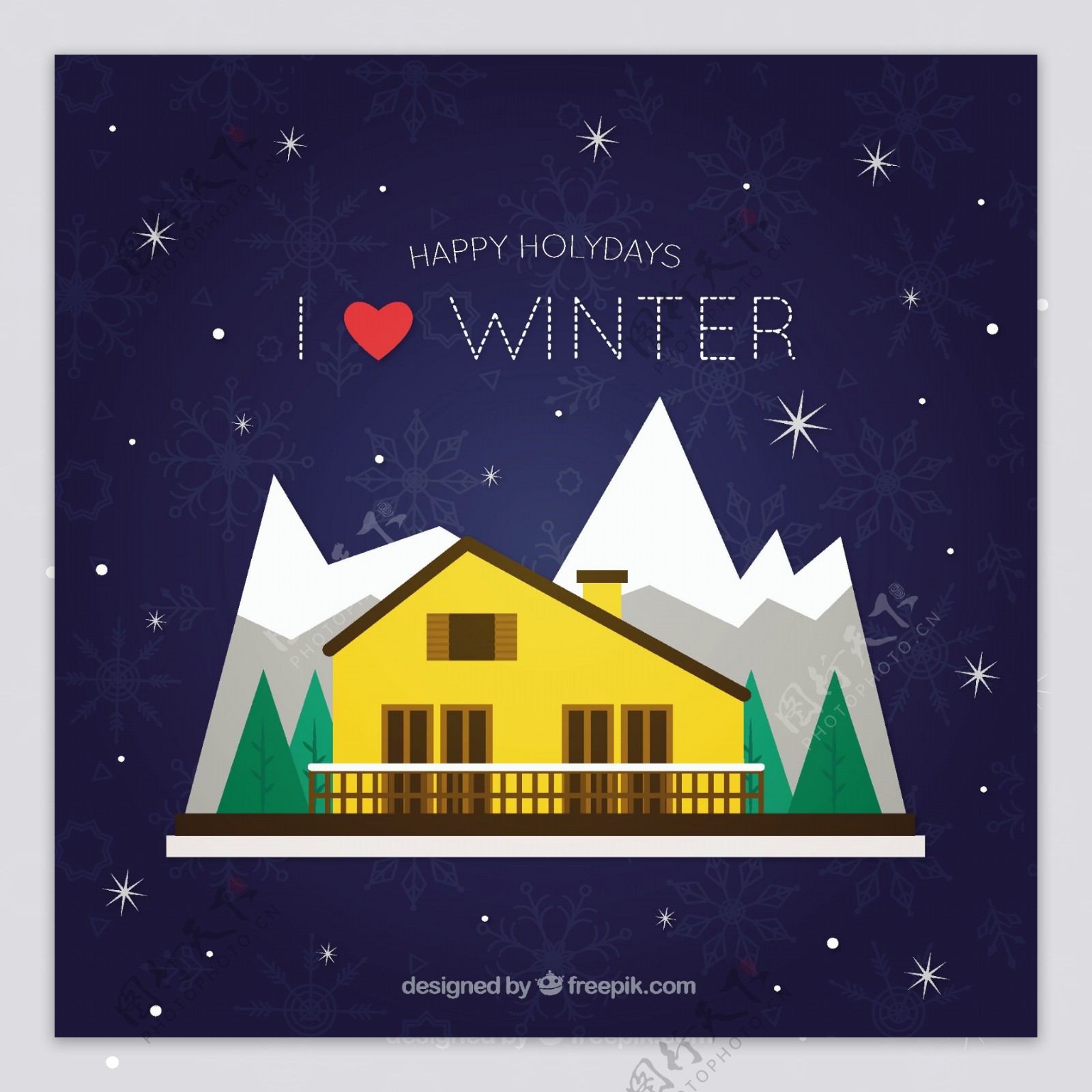 冬天的背景与房子和山在平面设计