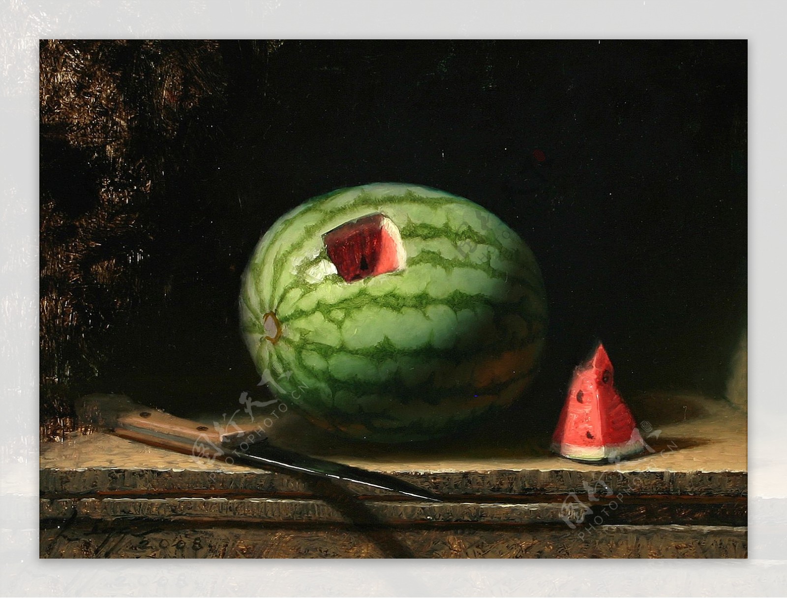 西瓜与水果刀静物油画图片