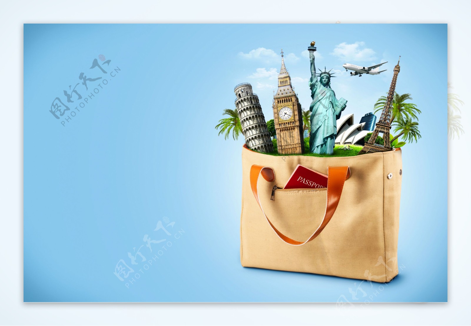 购物袋里的著名景点和飞机图片