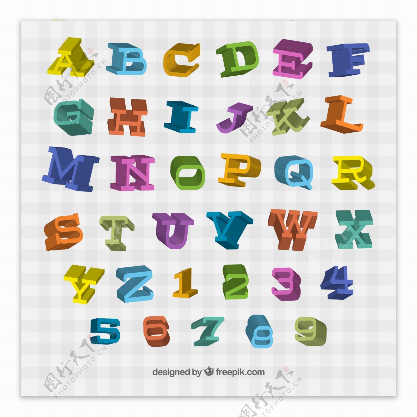 彩色立体字母与数字矢量图