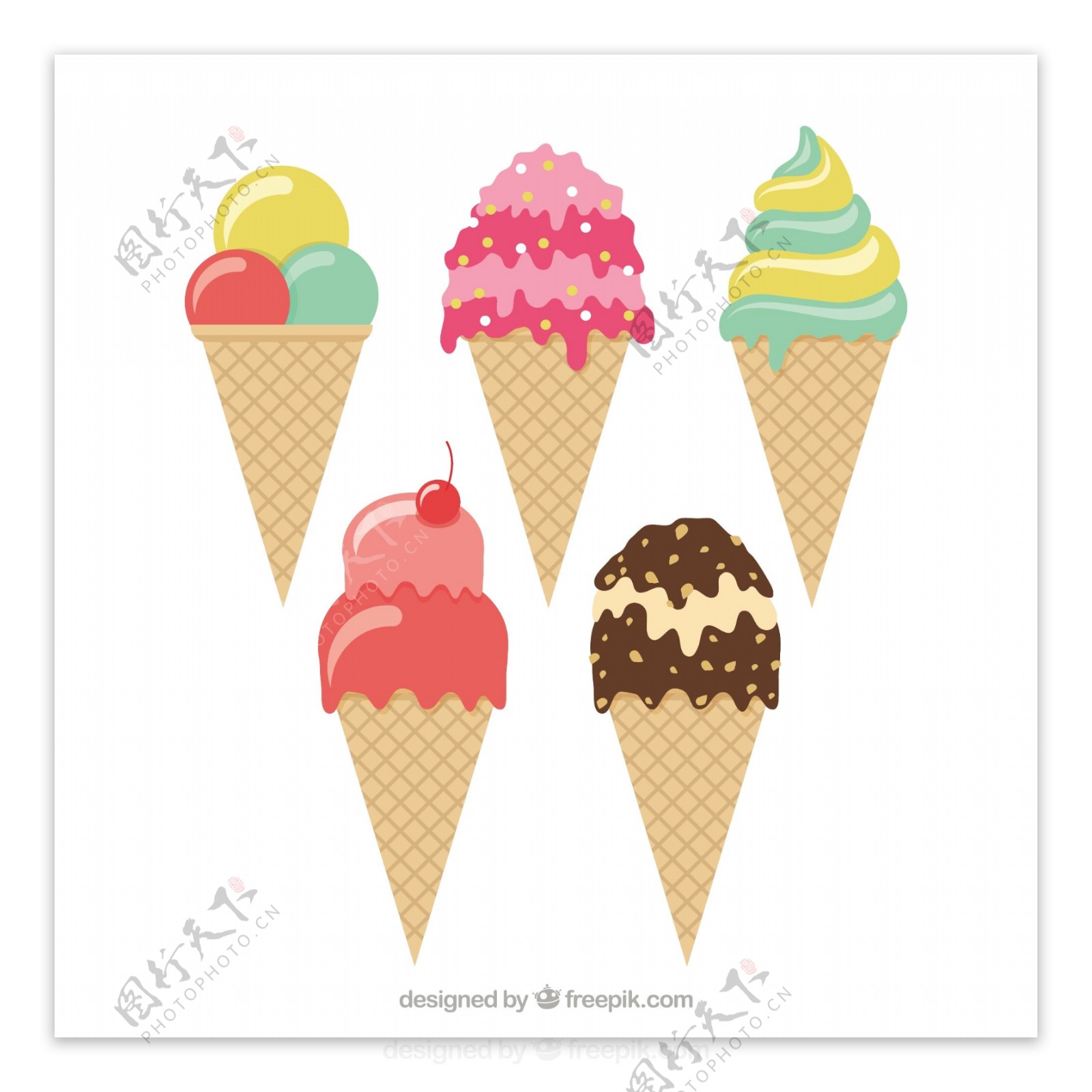 五个锥体冰淇淋平面设计素材