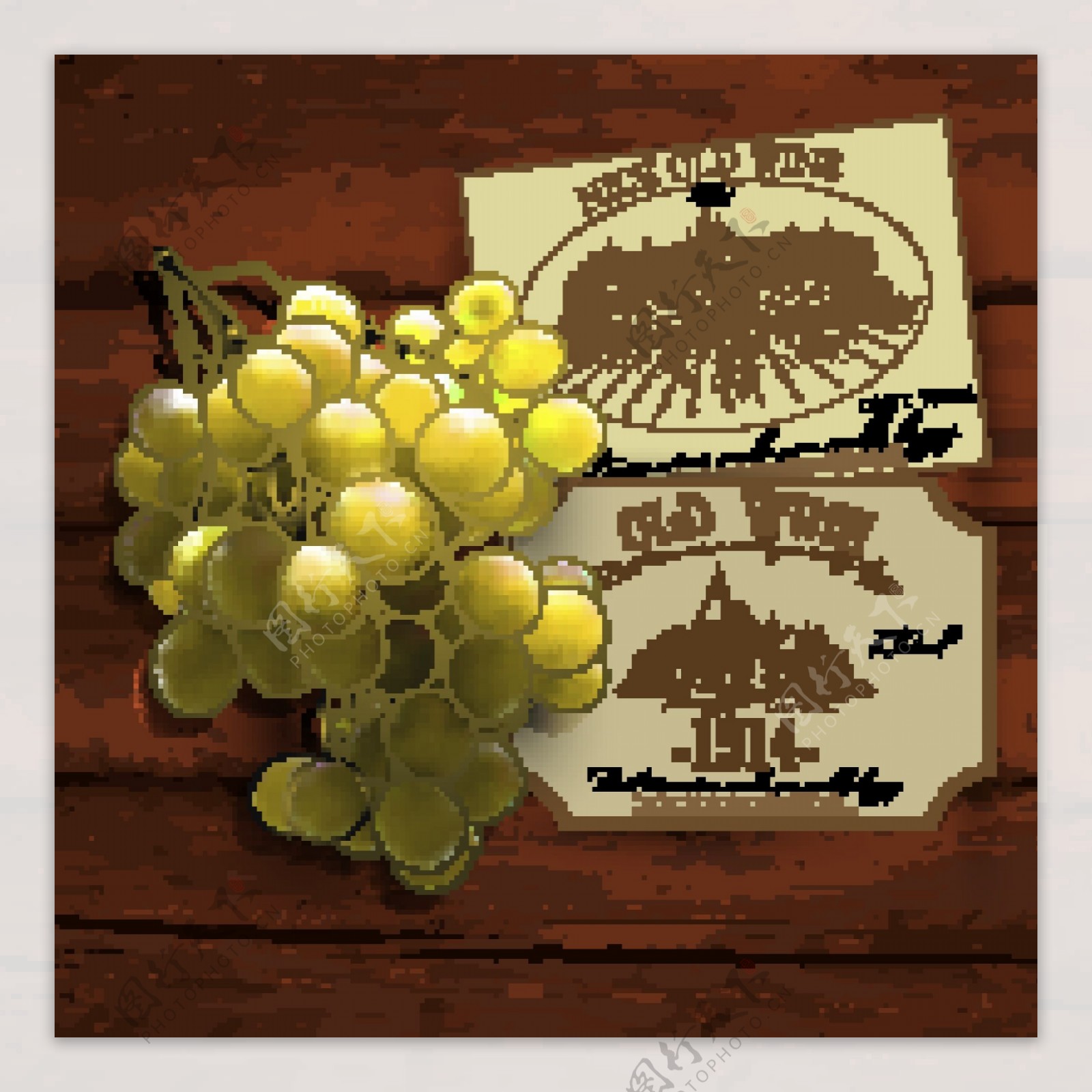 绿色葡萄串和葡萄酒商标矢量图