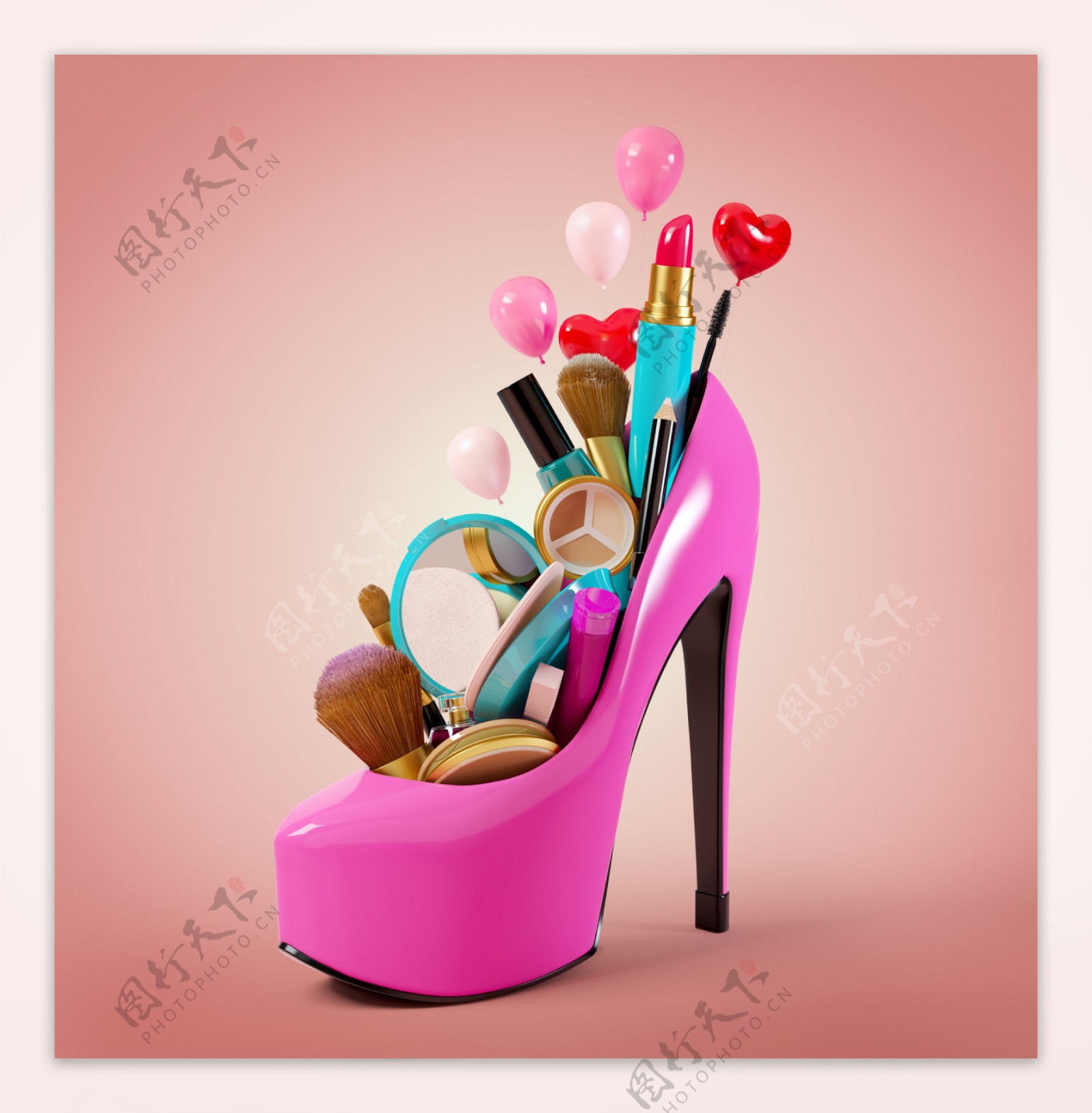 粉色高跟鞋与化妆品图片