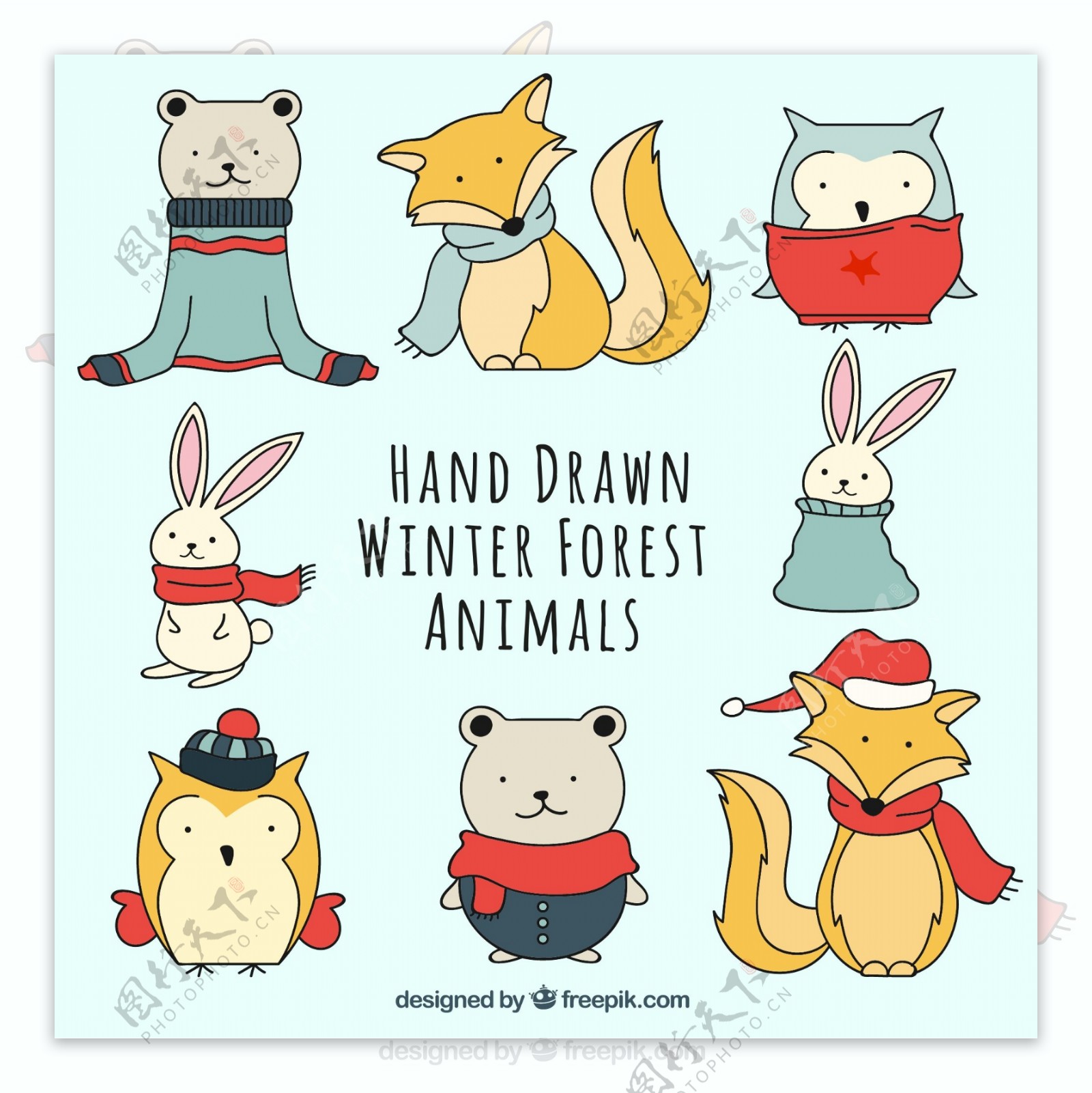 穿着冬季服装的手工绘制的动物