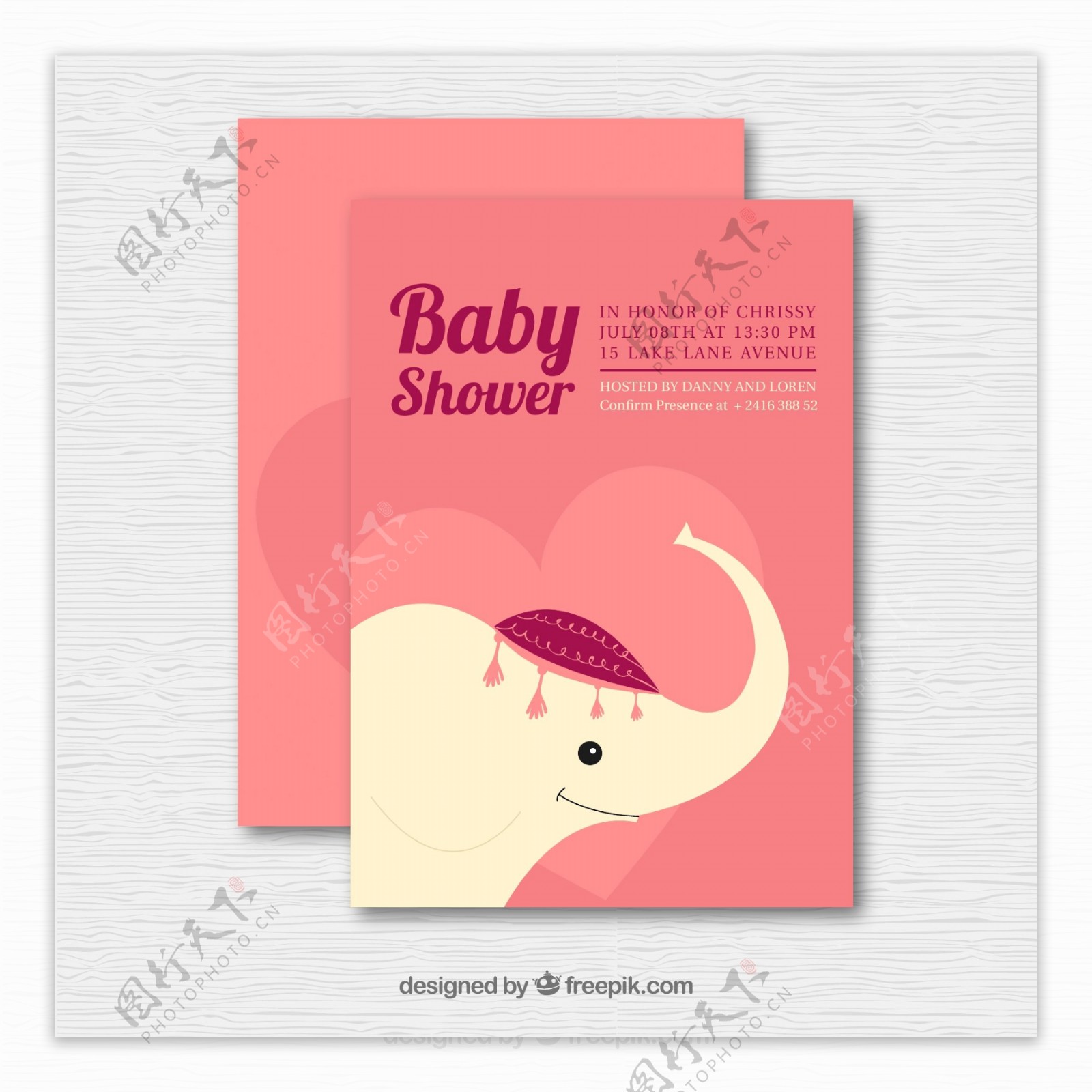 粉色大象迎婴派对邀请卡矢量图