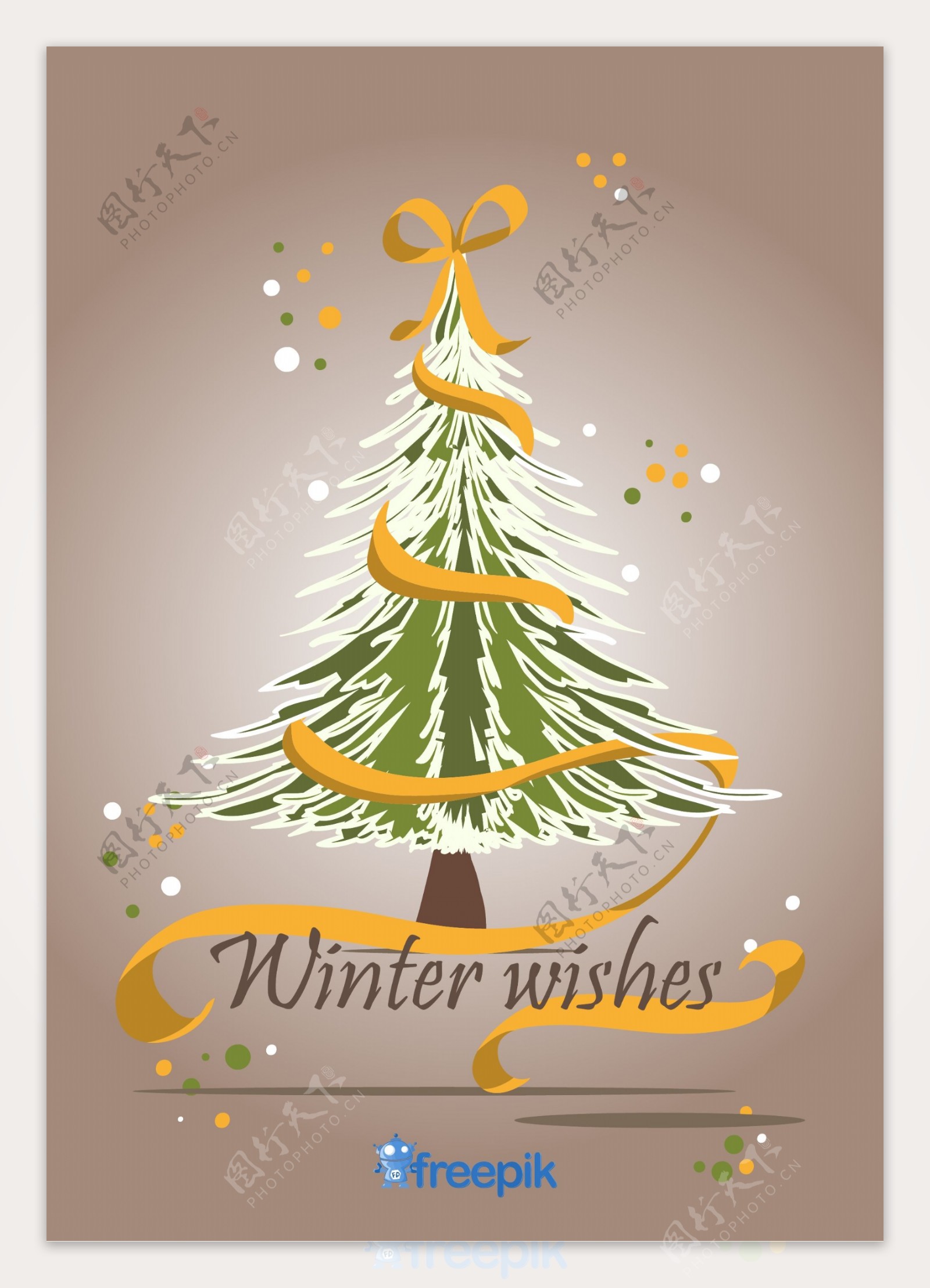 圣诞树插图与黄丝带
