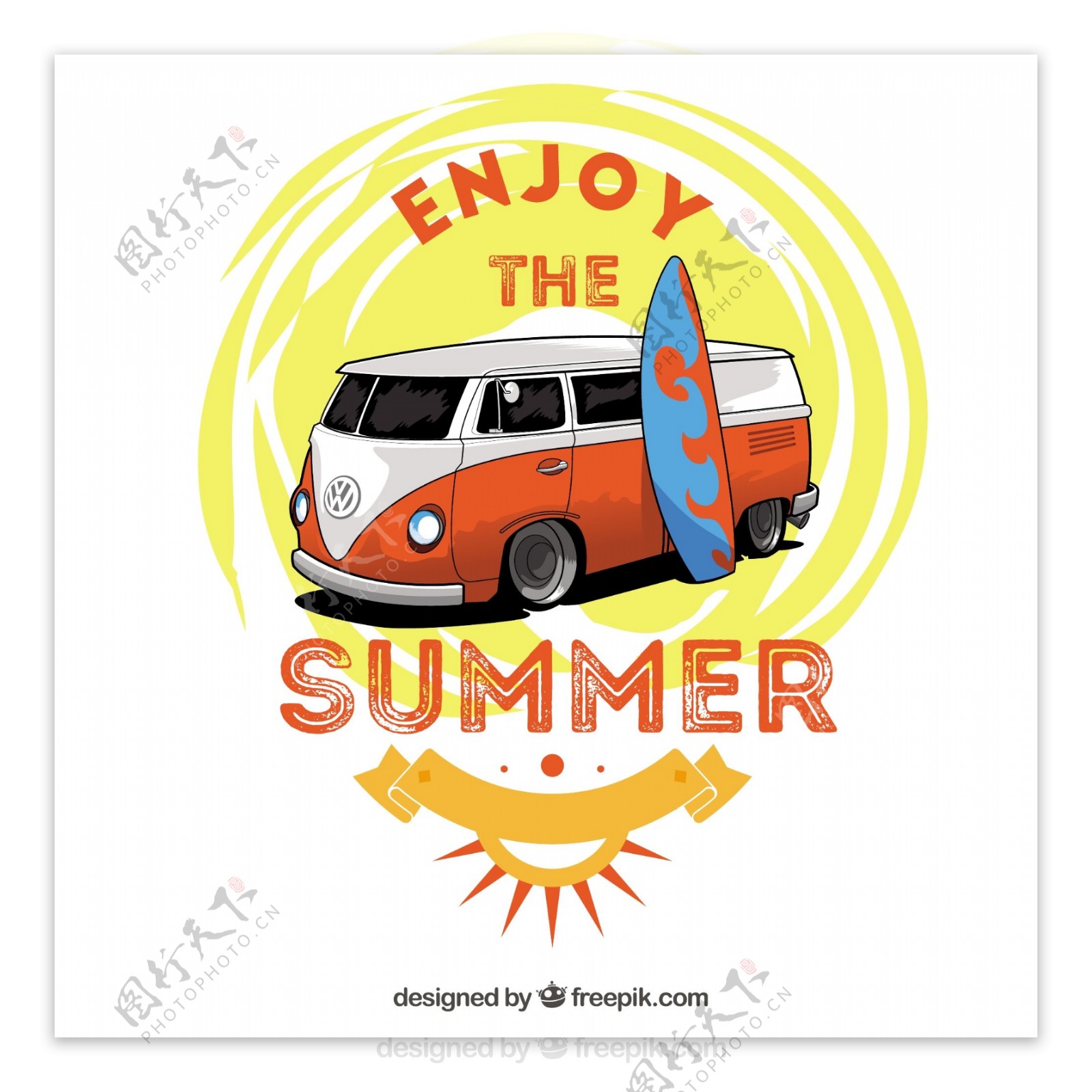 手绘夏季插图与老式的旅行车