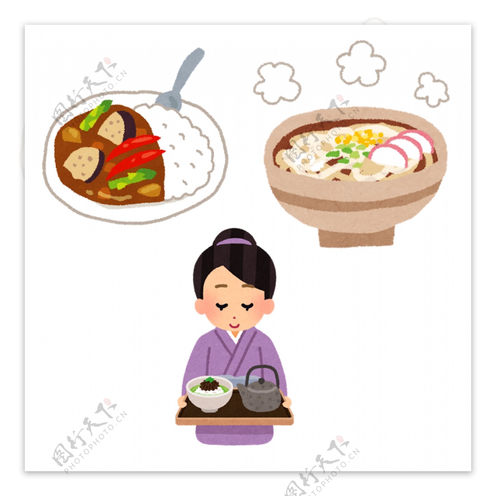 日本水彩手绘炒饭寿司面条食物图标设计素材