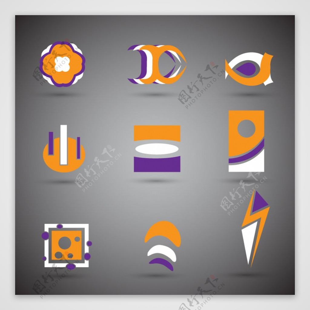 抽象的标志集设计在紫橙白色自由向量