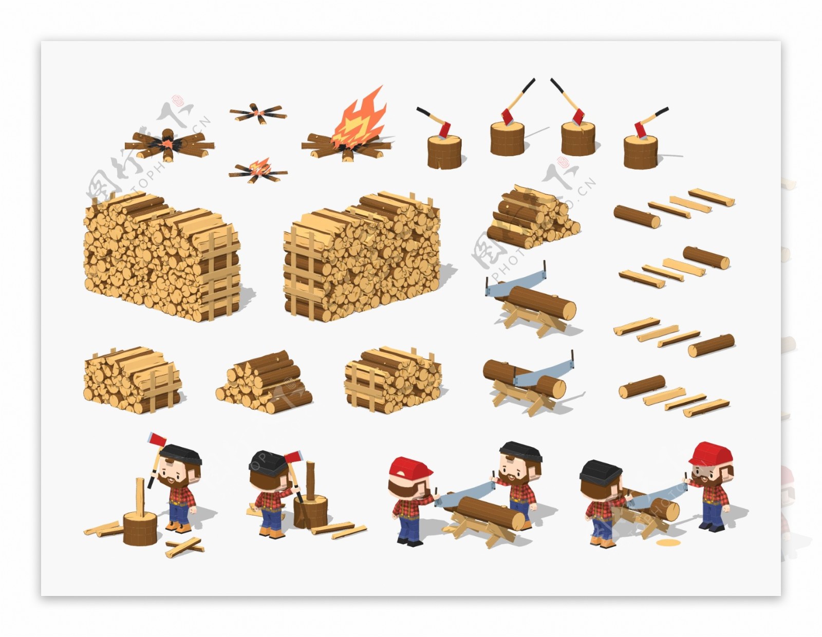 伐木工人与木材插画