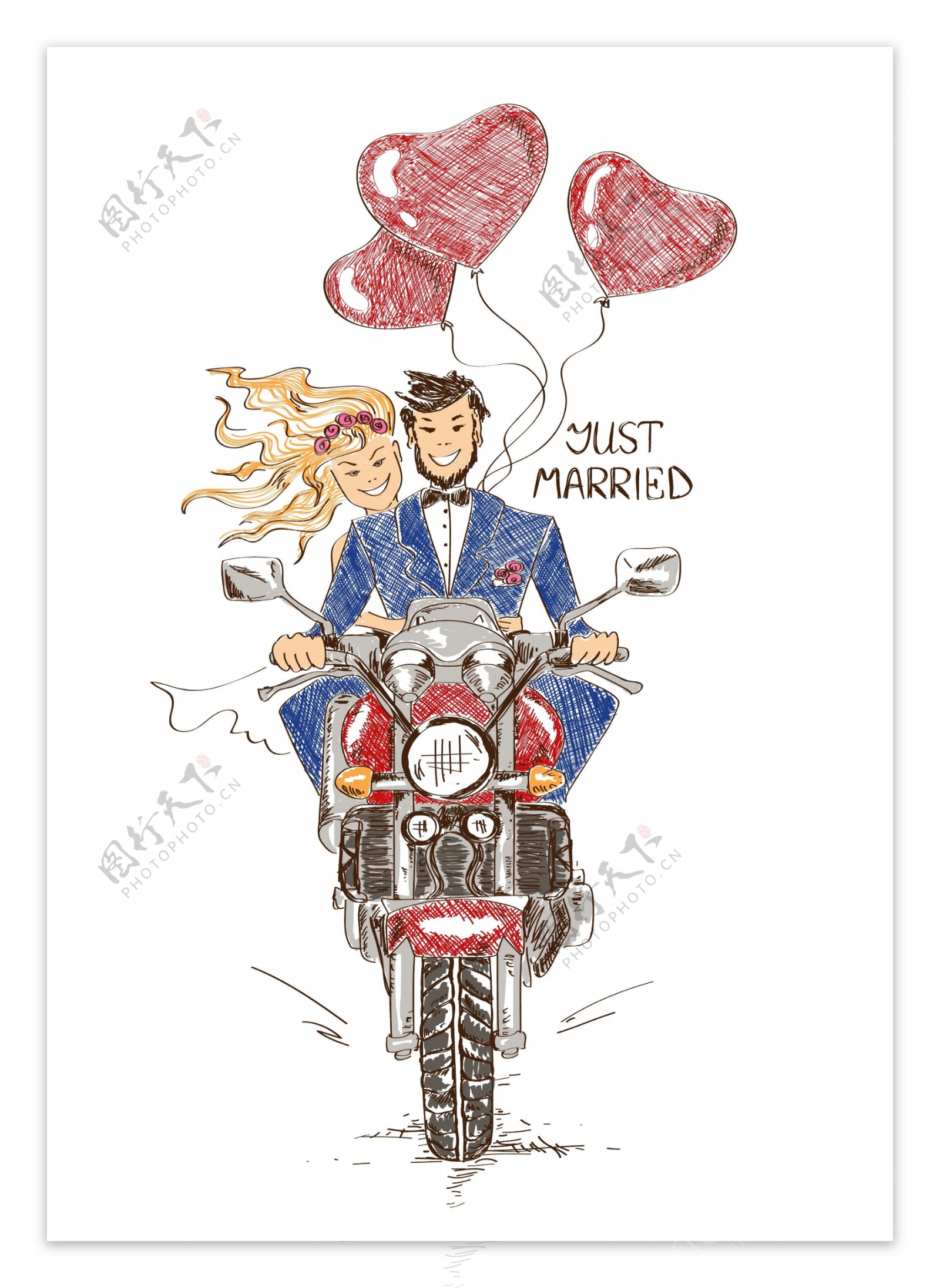 骑摩托车的新人夫妻插画