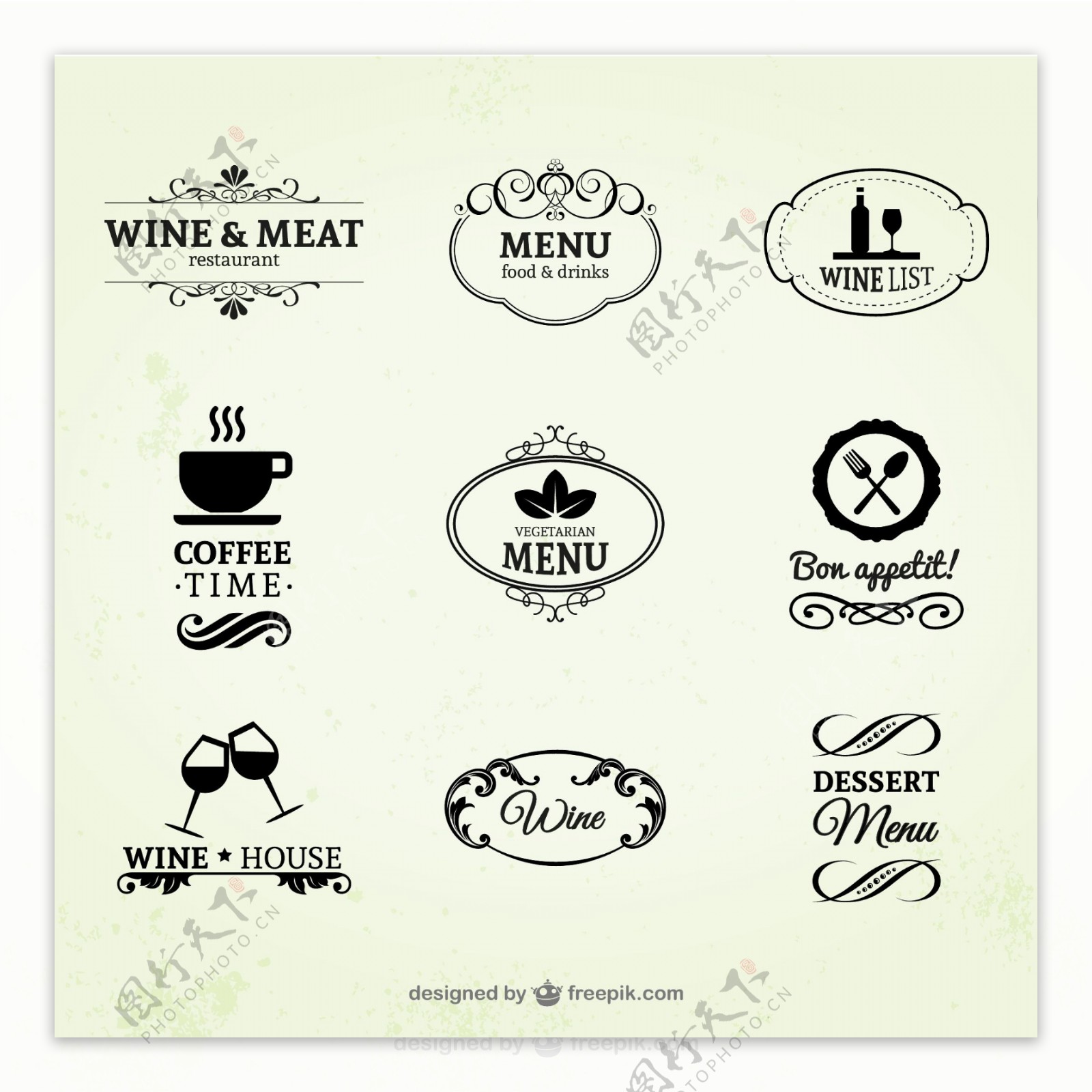 葡萄酒餐厅和咖啡标签