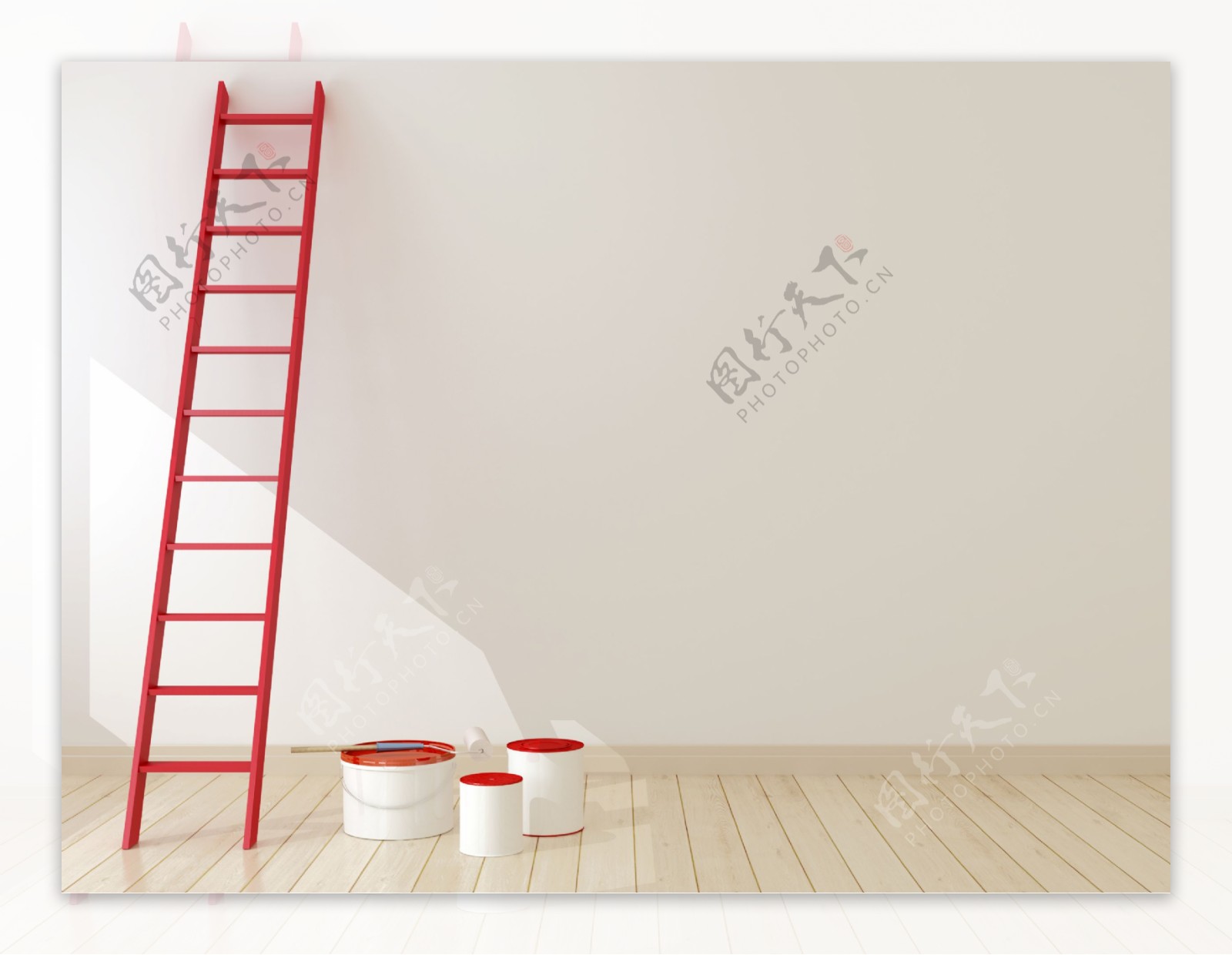 红色楼梯与油漆桶图片