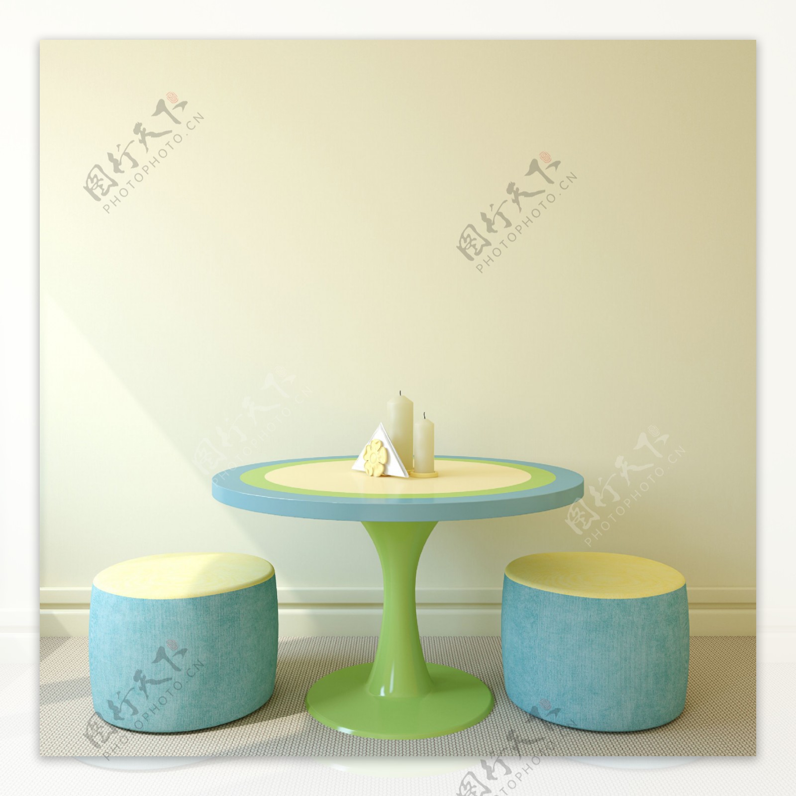 蓝色圆桌与凳子