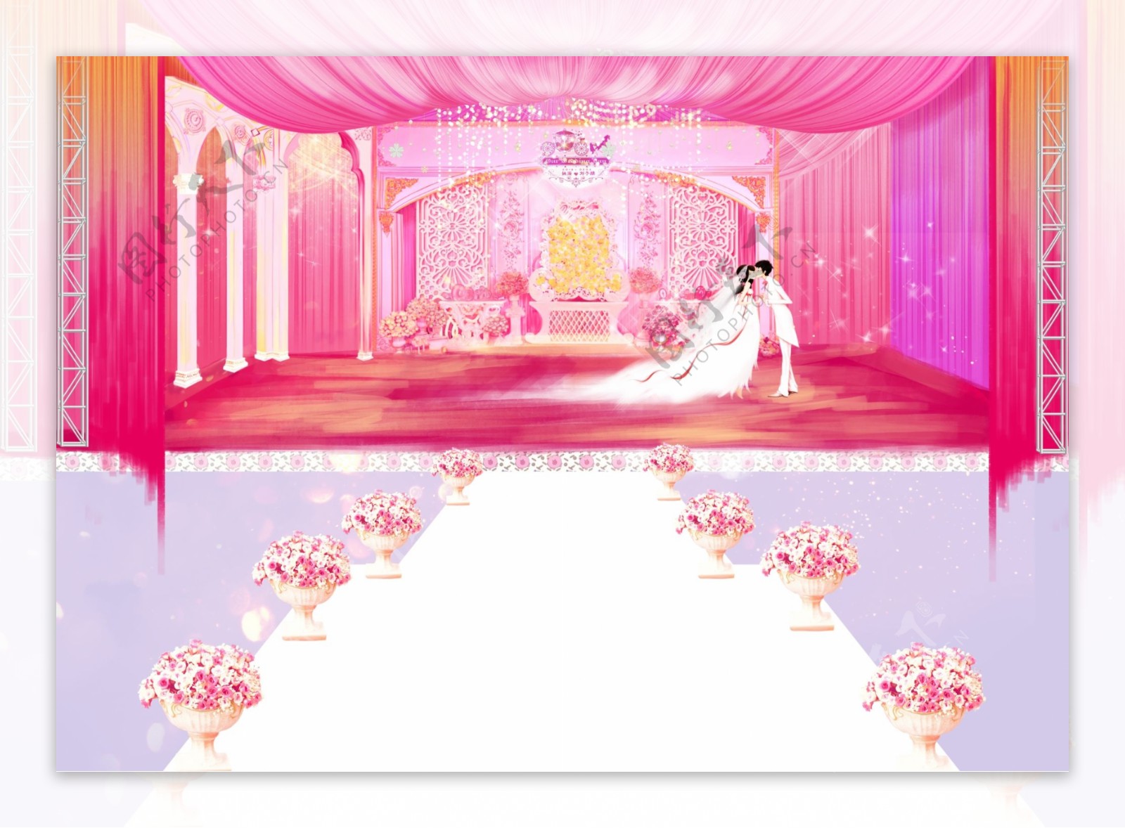 粉红色浪漫婚庆场景手绘设计