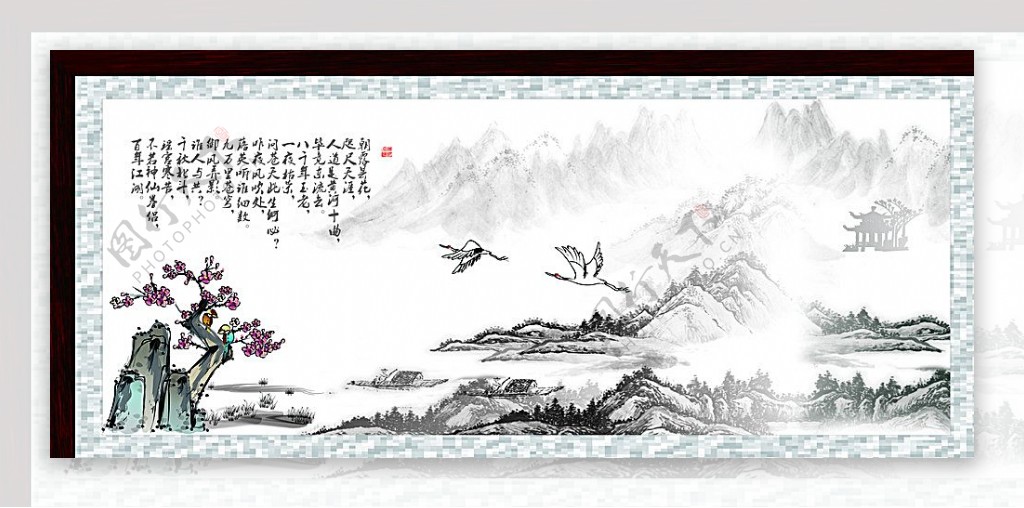 白鹤壁画风景挂画国画山水红梅图片