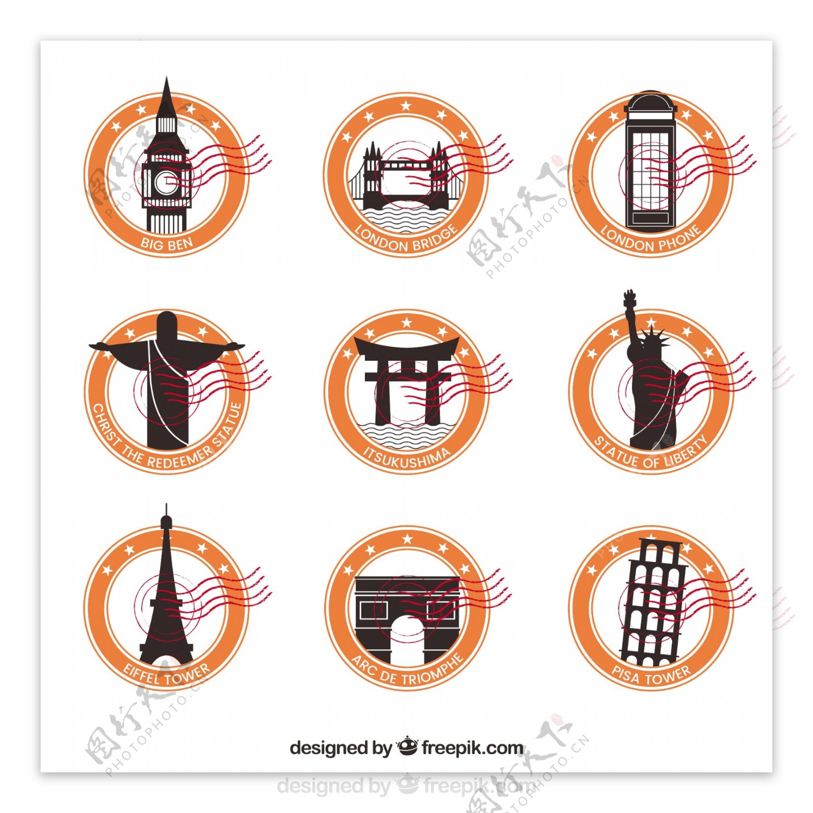 橙色圆圈的装饰性城市邮票