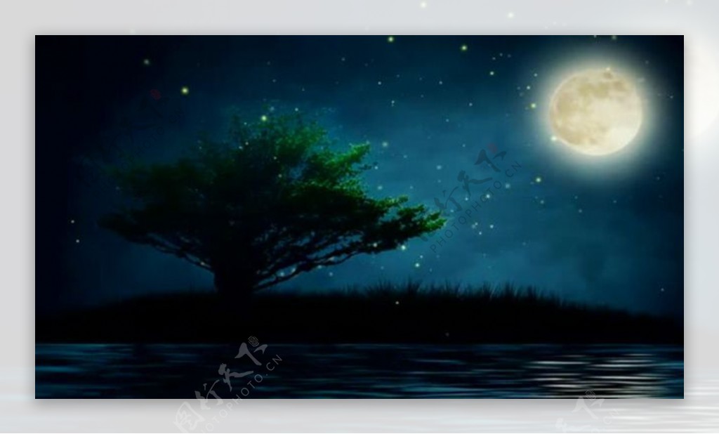 山楂树圆月唯美风景.山楂树月亮小河LED动态大屏幕视频背景素材