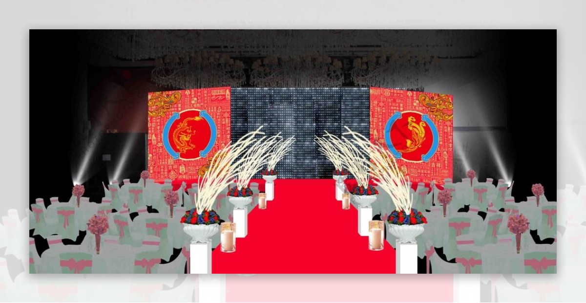 红色婚礼宴会区舞台效果图