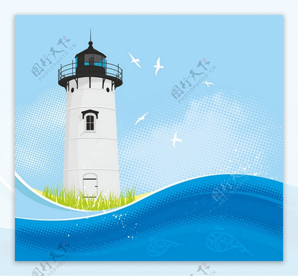 大海与白色航海灯塔背景图