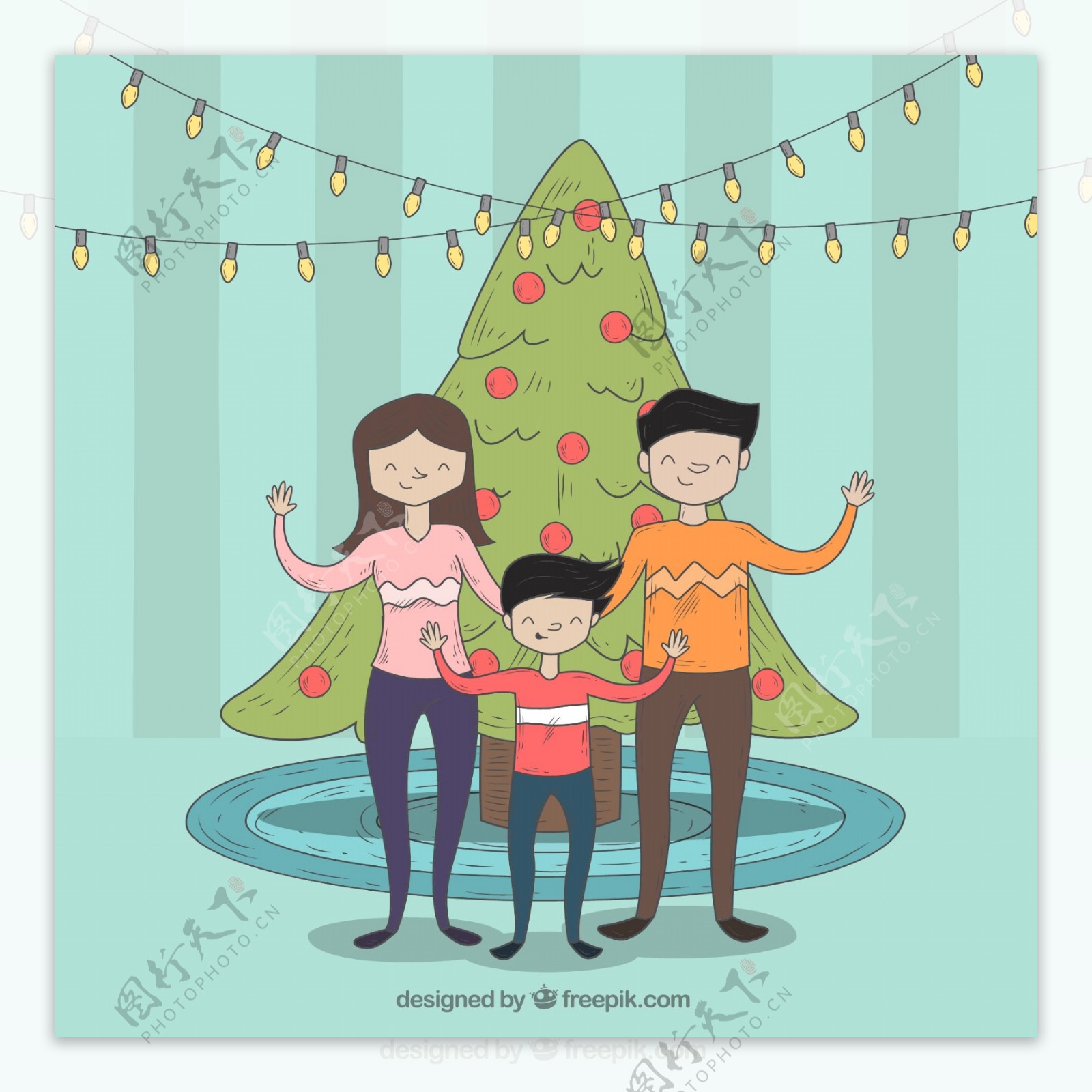 家庭背景与漂亮的手绘圣诞树