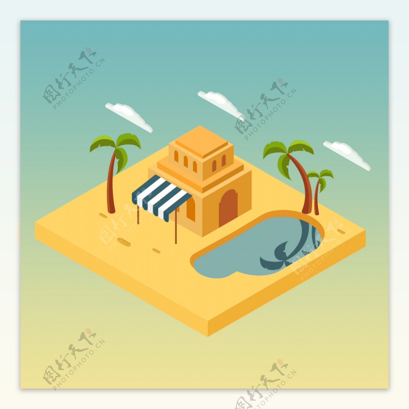 伪3D沙滩小卖部沙漠风情椰子树倒影小插画