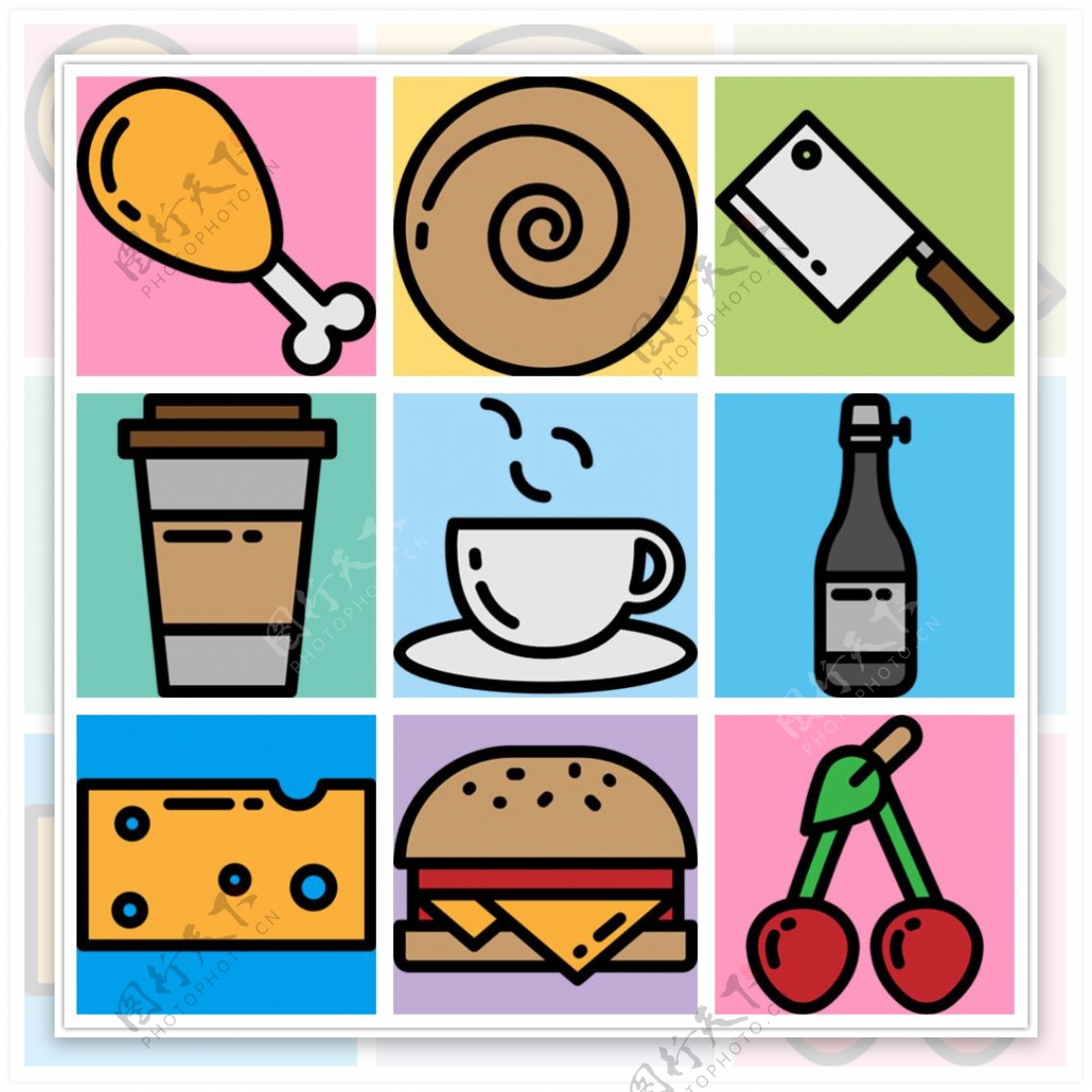手绘扁平化食物icon图标