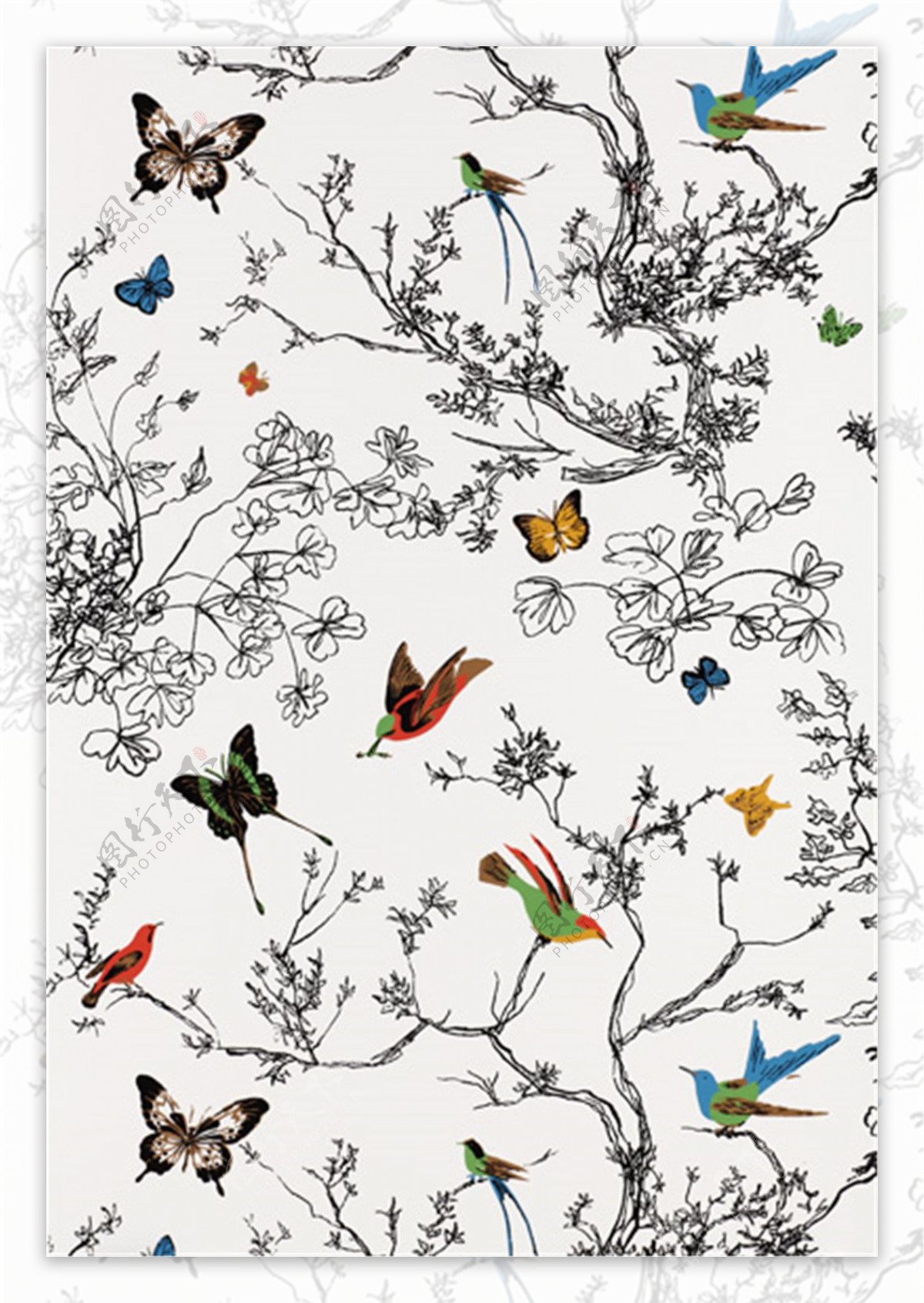 鸟语花香树枝花纹壁纸图片
