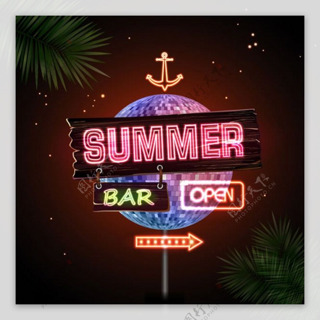 夏季沙滩酒吧霓虹招牌矢量素材下载
