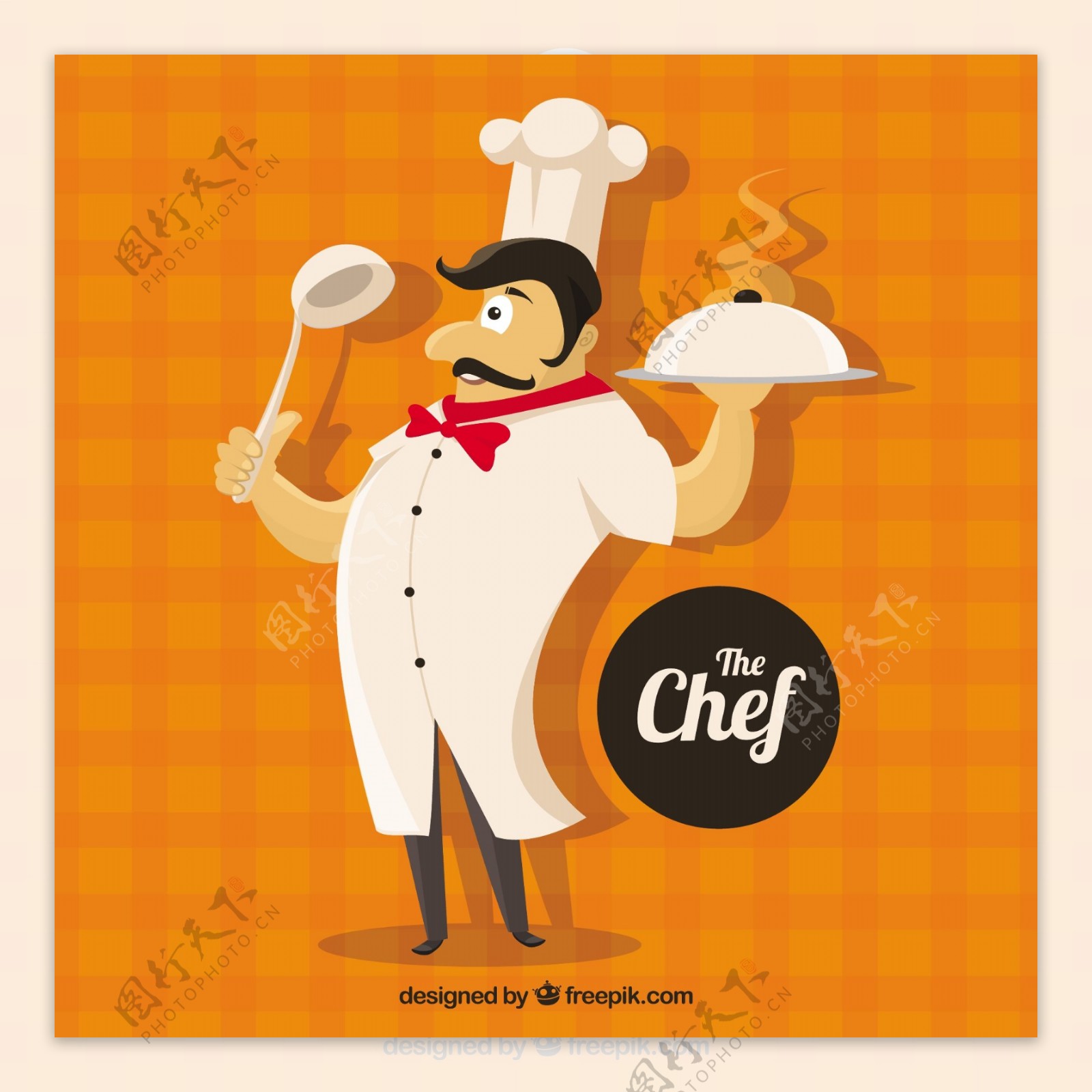 快乐厨师角色插图橙色方格背景