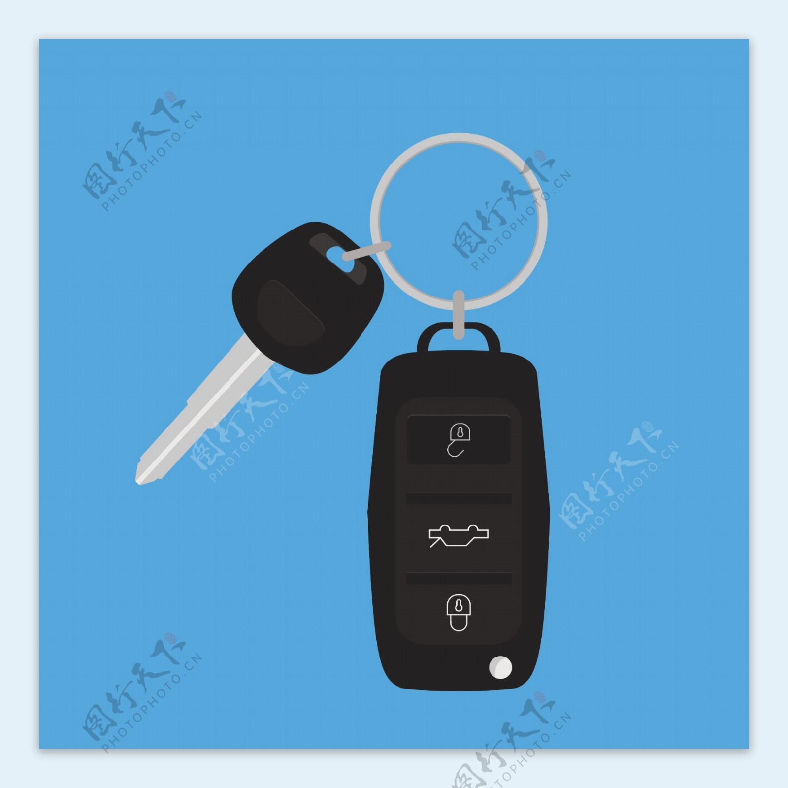 黑色车钥匙插图蓝色背景