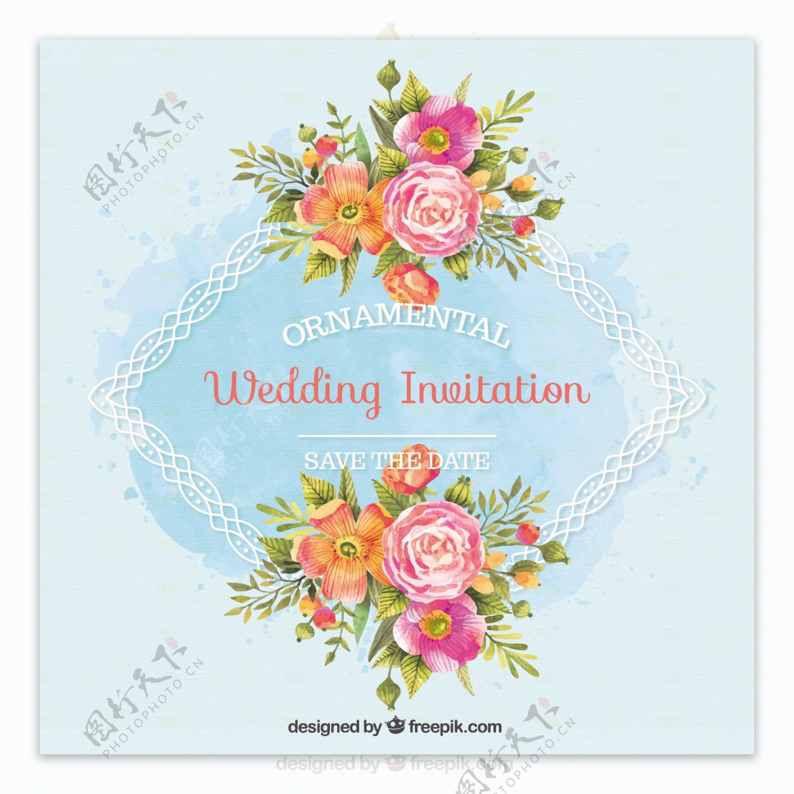 婚礼邀请与装饰框架和水彩花